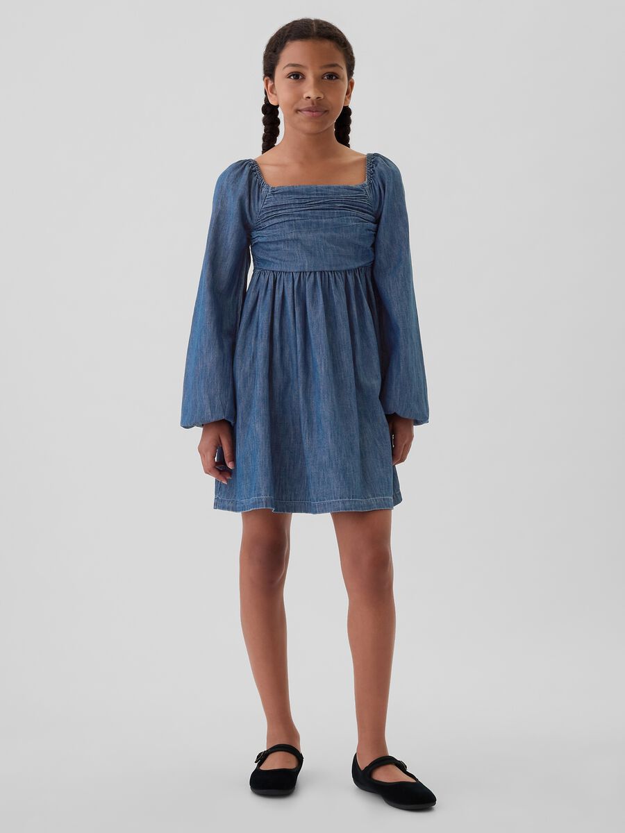 Vestito corto in denim con maniche a palloncino Bambina_0