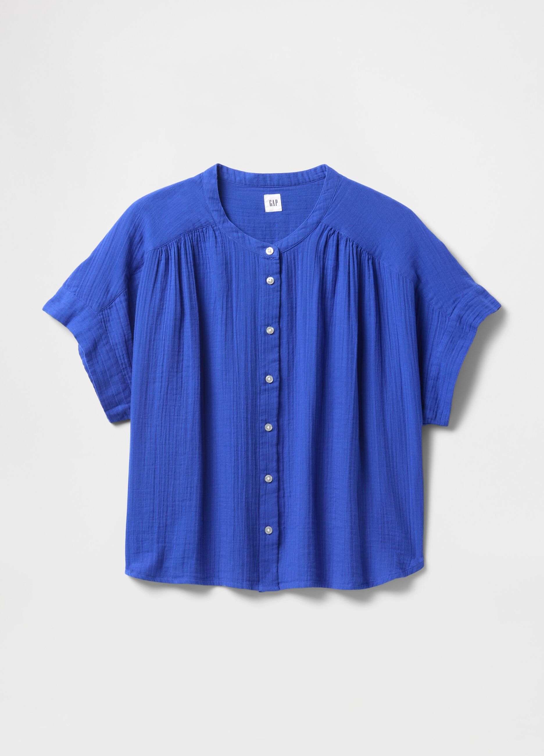 Blusa blu in misto cotone e viscosa con maniche corte_4