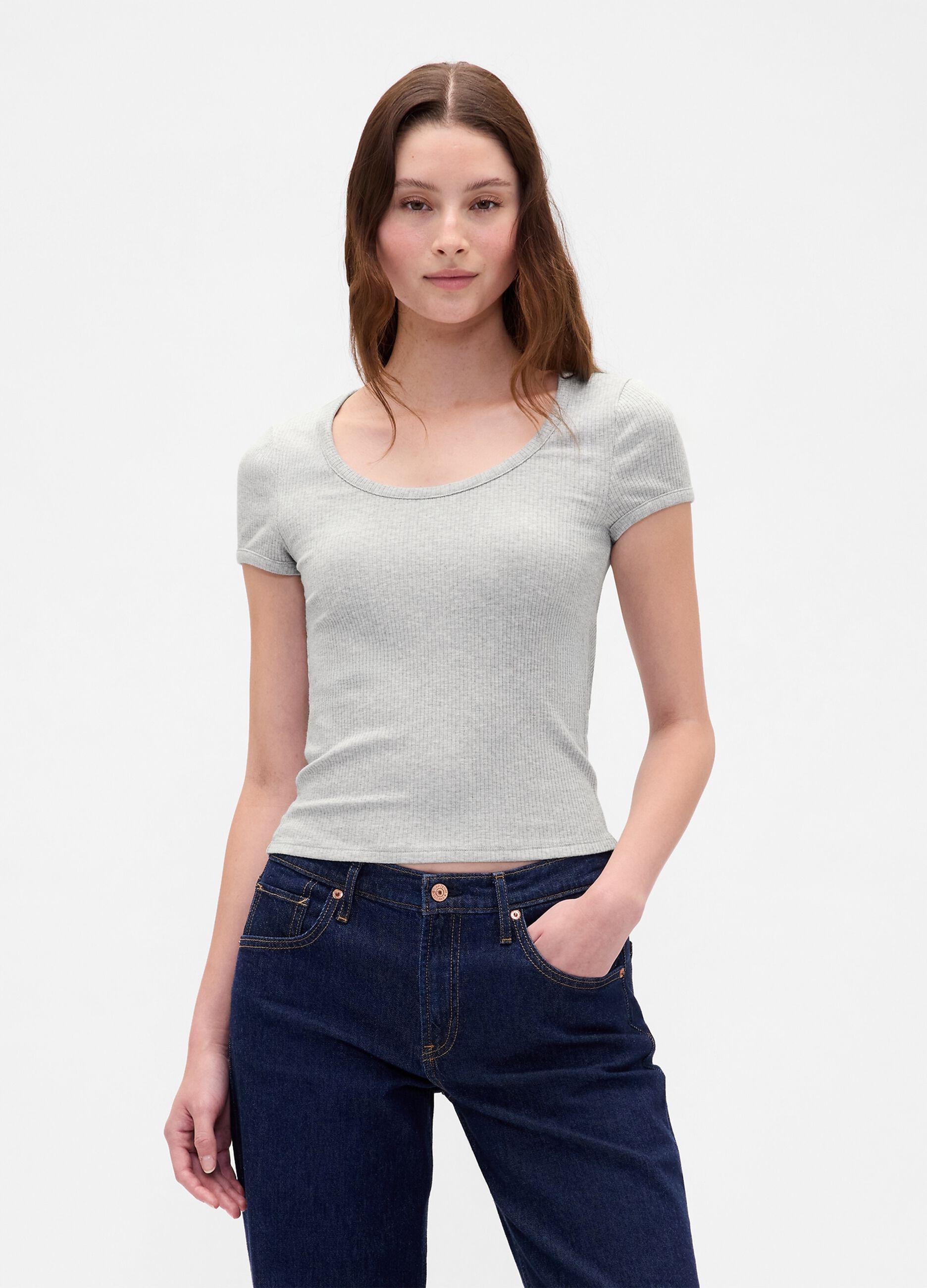 T-shirt grigia elasticizzata a maniche corte_1