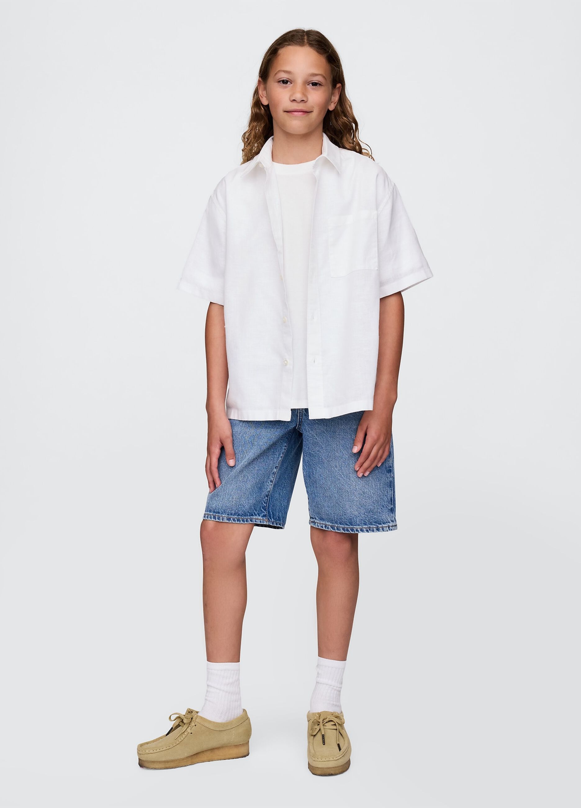 Camicia a mezza manica bianca in lino e cotone_1