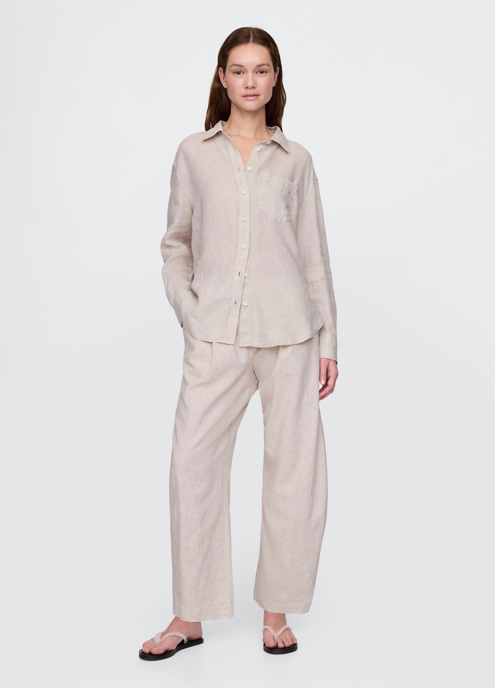 Pantaloni ampi beige in lino e viscosa