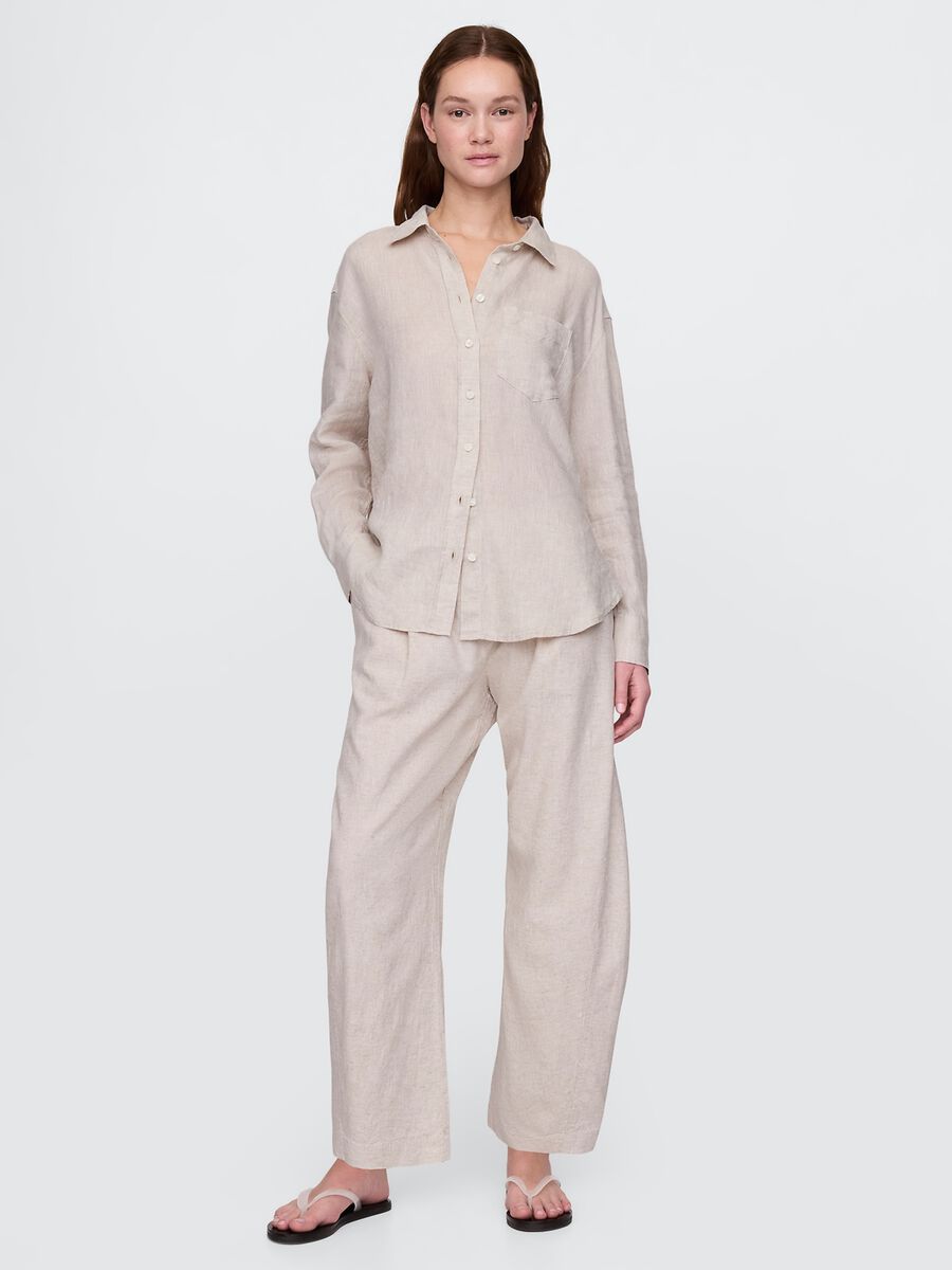 Pantaloni ampi beige in lino e viscosa Donna_0