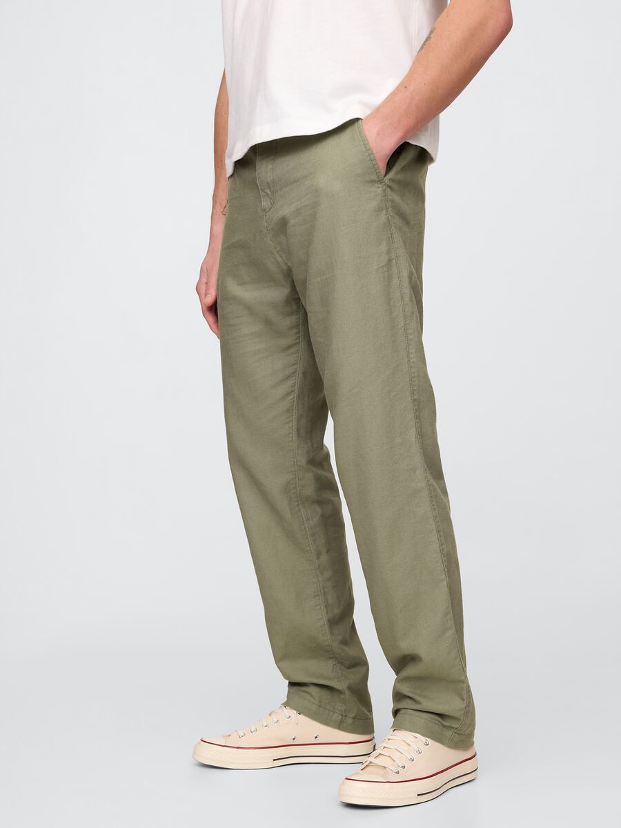 Regular Green Trousers in Linen and Cotton Man_3