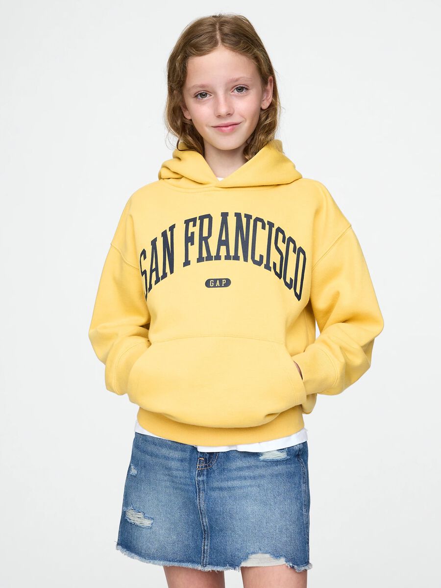 Yellow cotton sweatshirt with hood and print Unisex_1