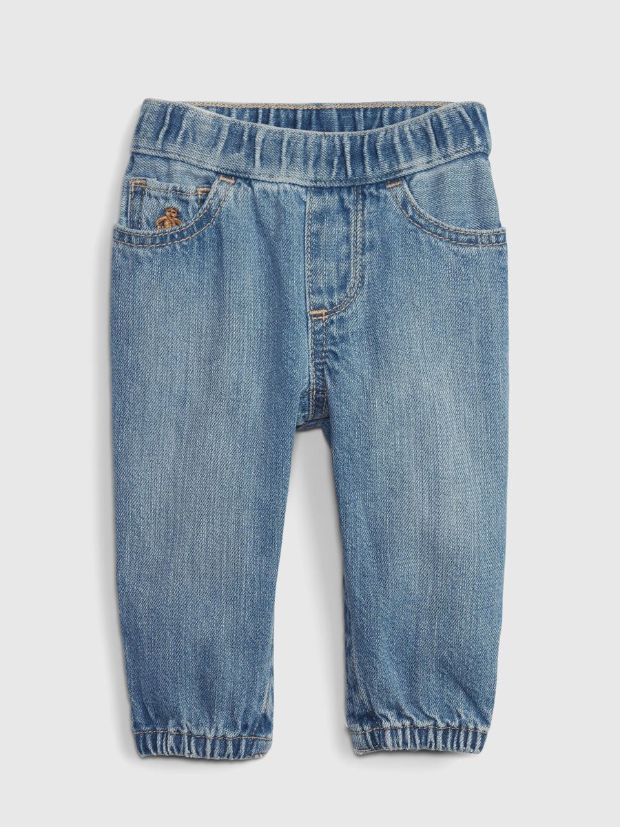 Jeans in cotone bio con ricamo orsetto Neonato_0