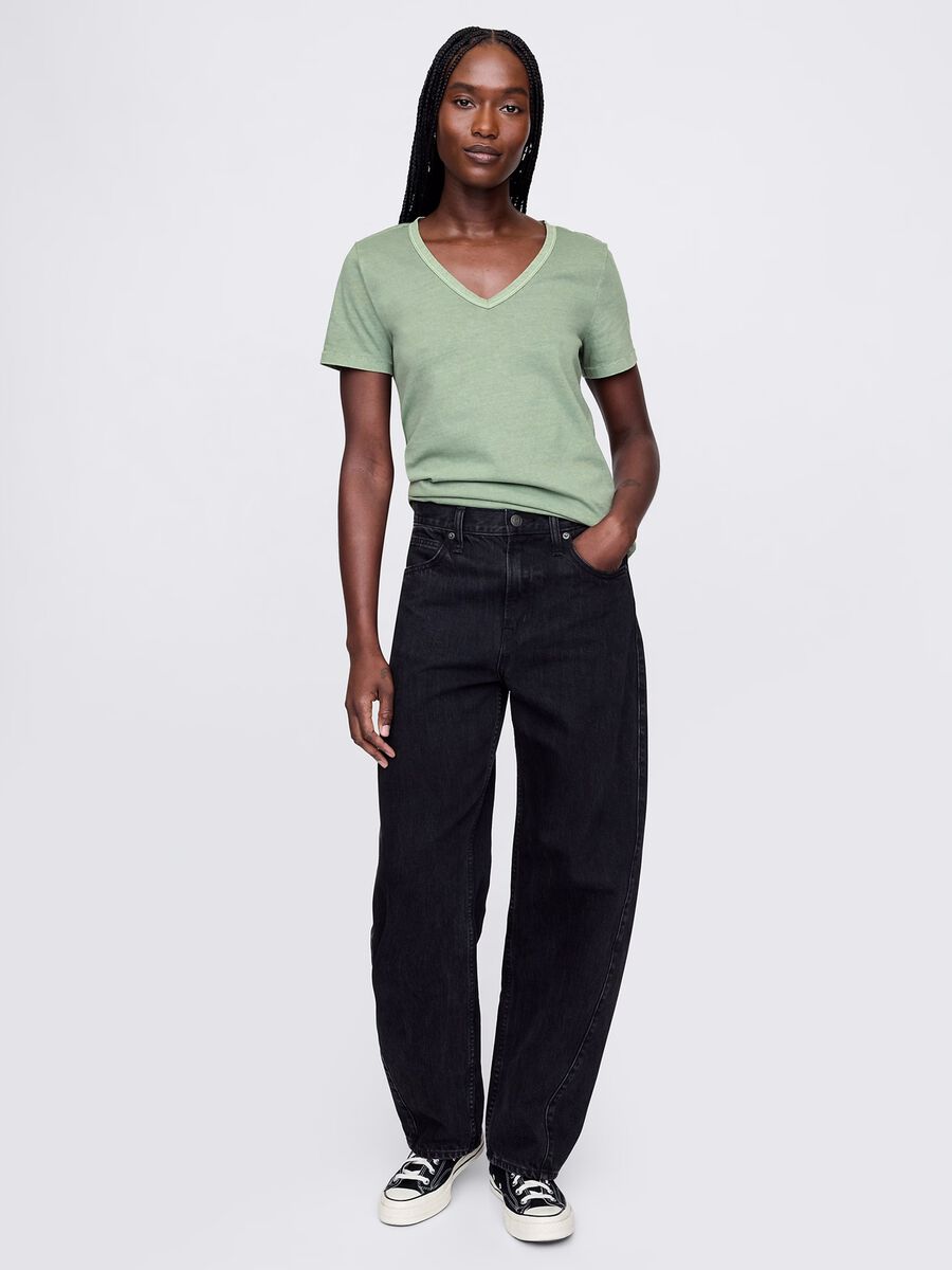 T-shirt verde in cotone con scollo a V Donna_1