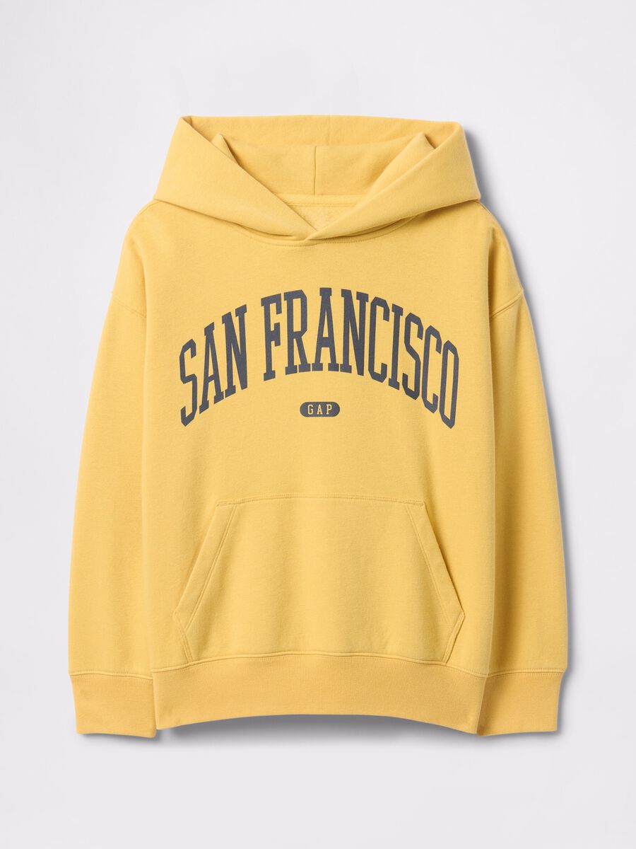 Yellow cotton sweatshirt with hood and print Unisex_4