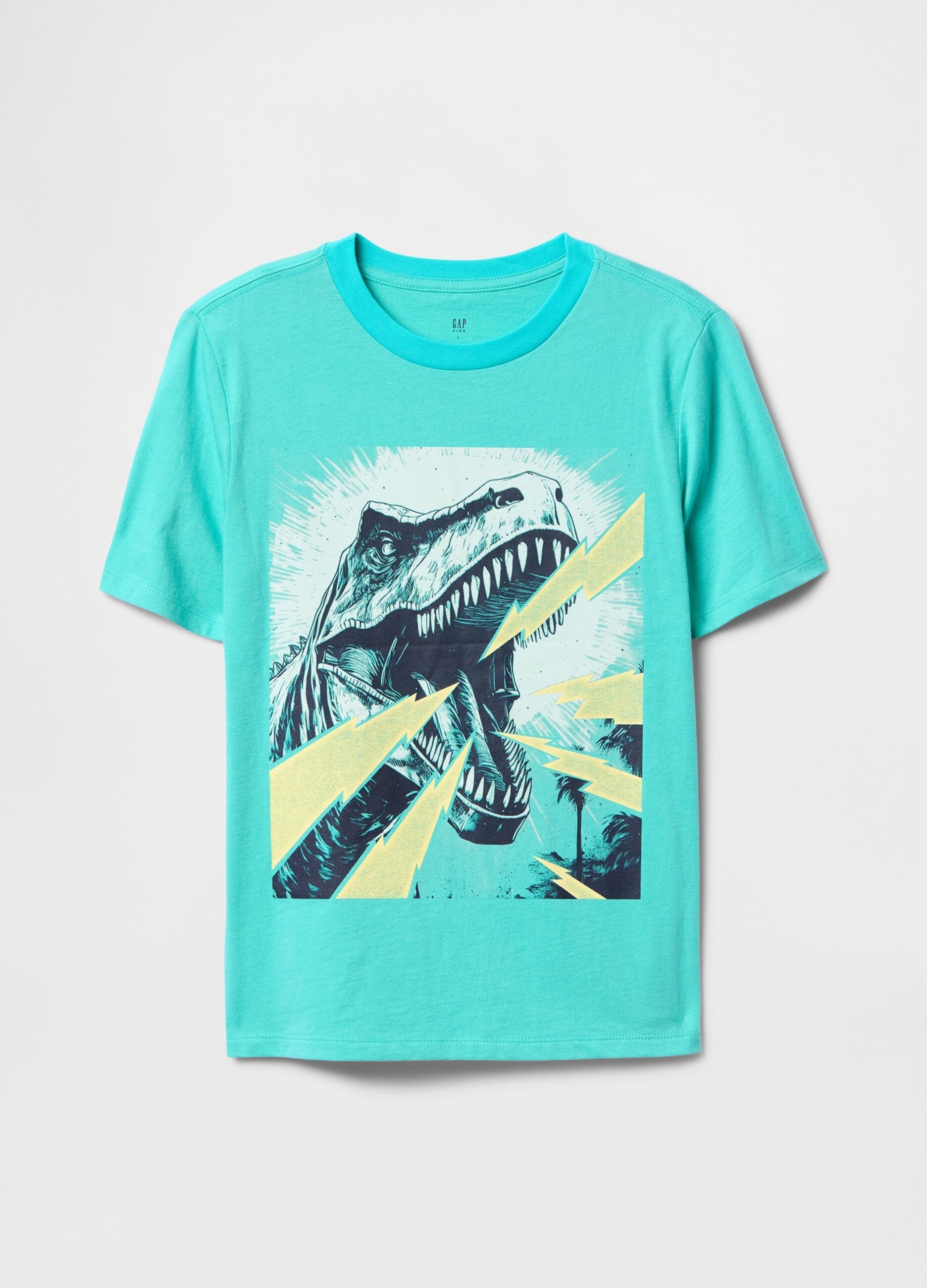 T-shirt grafica turchese con dinosauro