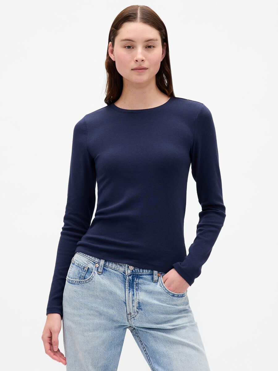 Maglia blu a maniche lunghe in cotone e modal elasticizzato Donna_0