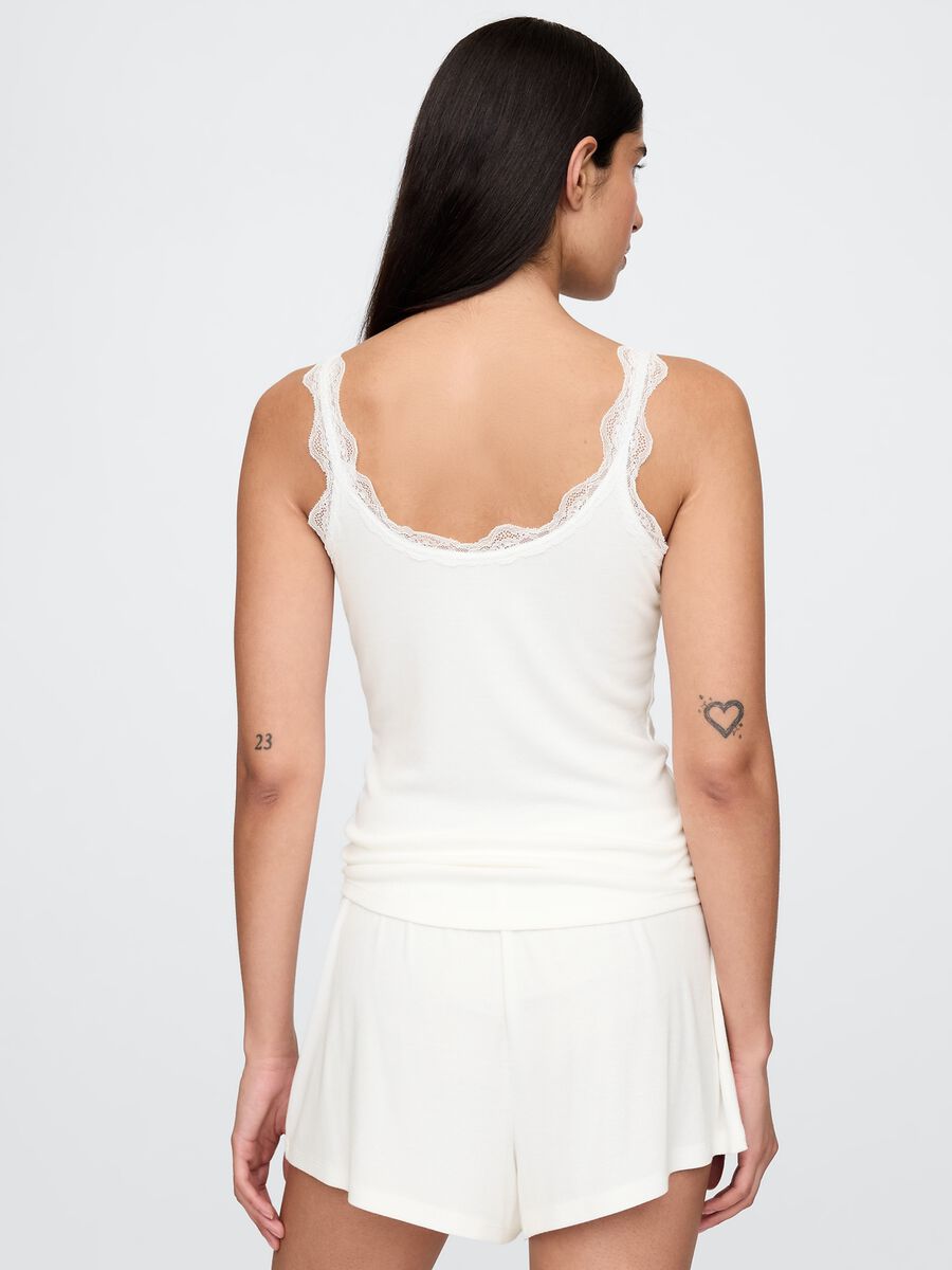 Pigiama bianco elasticizzato con dettagli in pizzo Donna_2