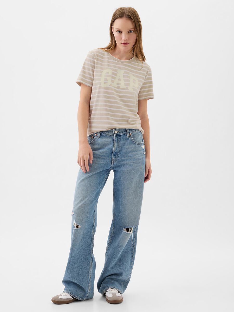 T-shirt a righe con stampa logo Donna_1