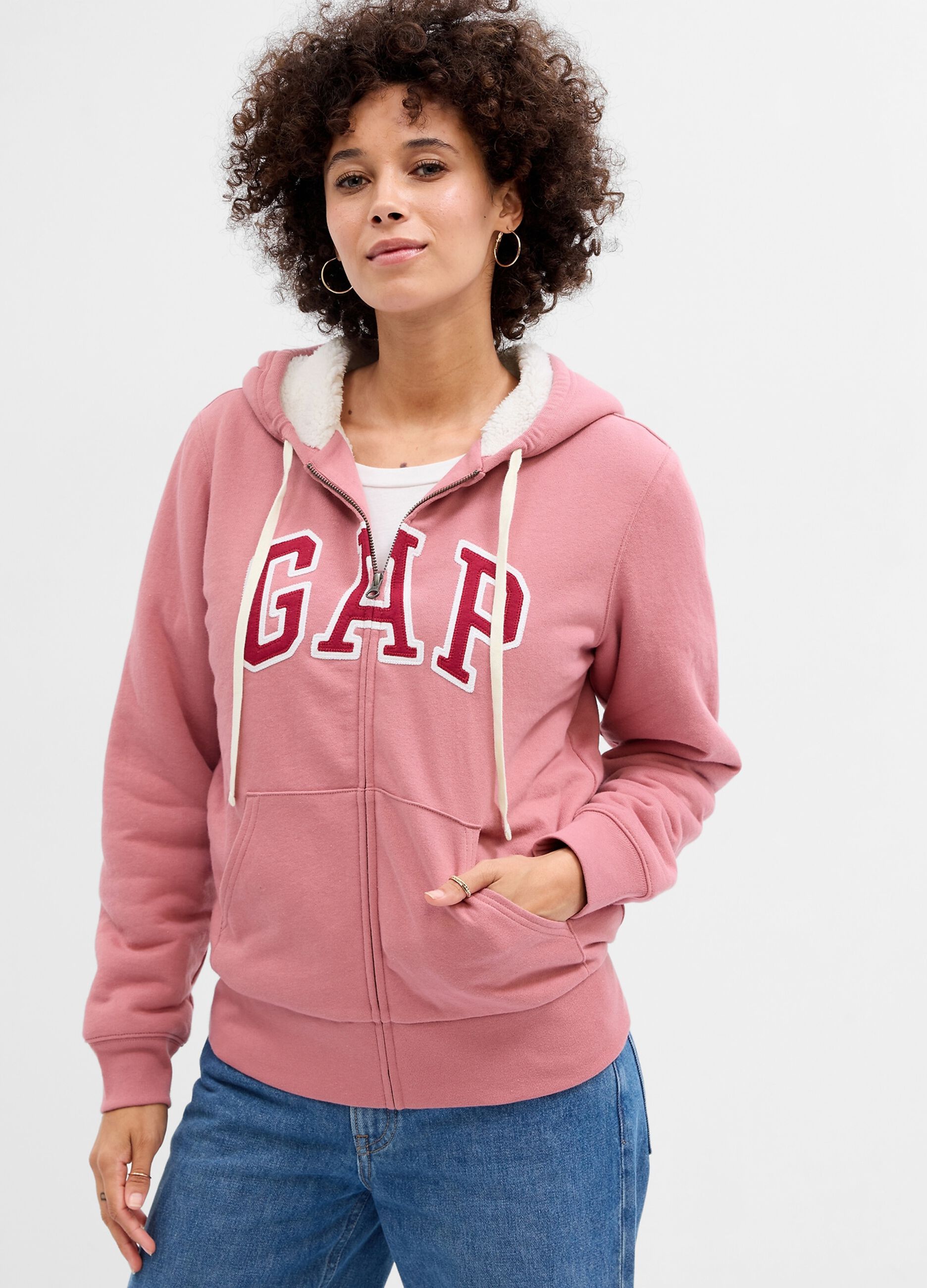 Full-zip sweatshirt with sherpa hood and lining