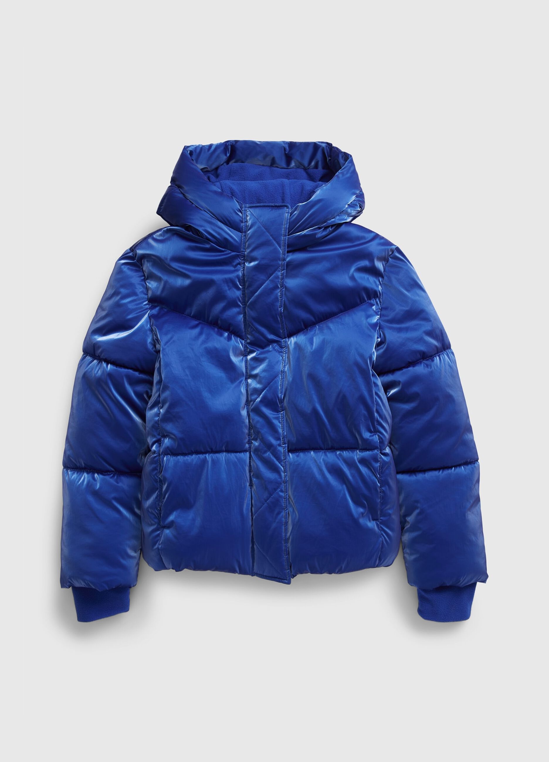 Full-zip quilted and padded jacket with shiny effect