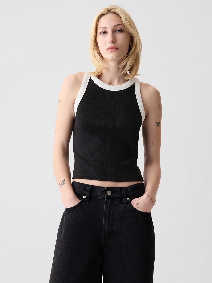 Tank top crop a costine con scollo halter Donna_0