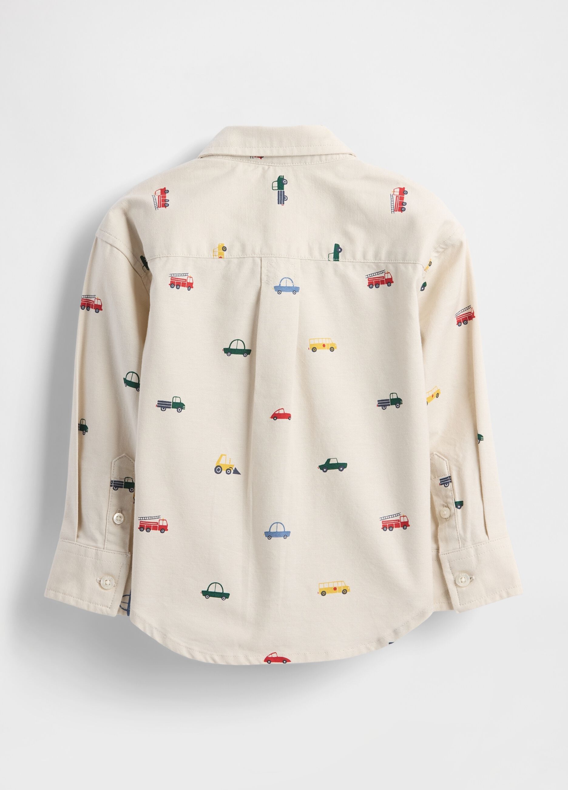 Long-sleeved beige shirt with car patterns_1