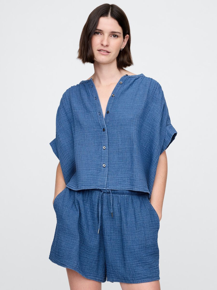 Completo estivo blu in tessuto leggero con bottoni Woman_0
