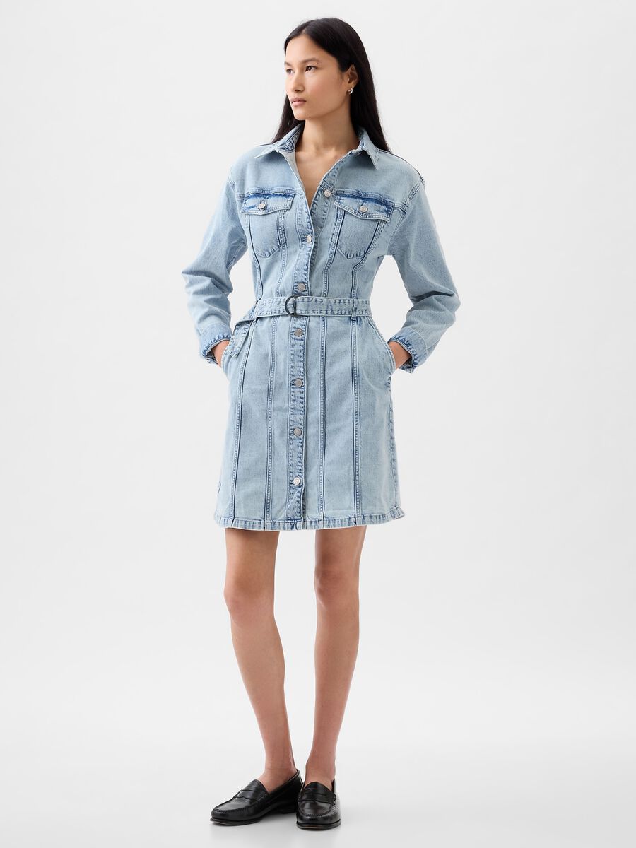 Vestito corto chemisier in denim con cintura Donna_2
