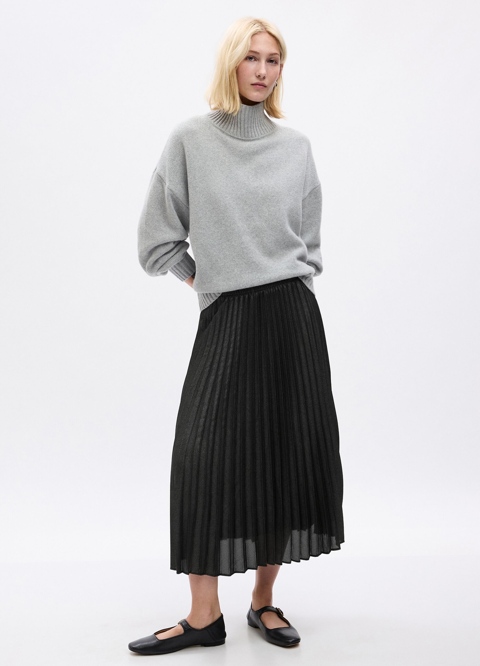 Metal-effect pleated midi skirt