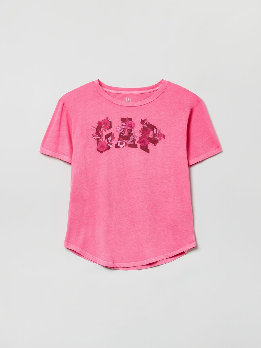 Slub cotton T-shirt with floral logo Woman_0