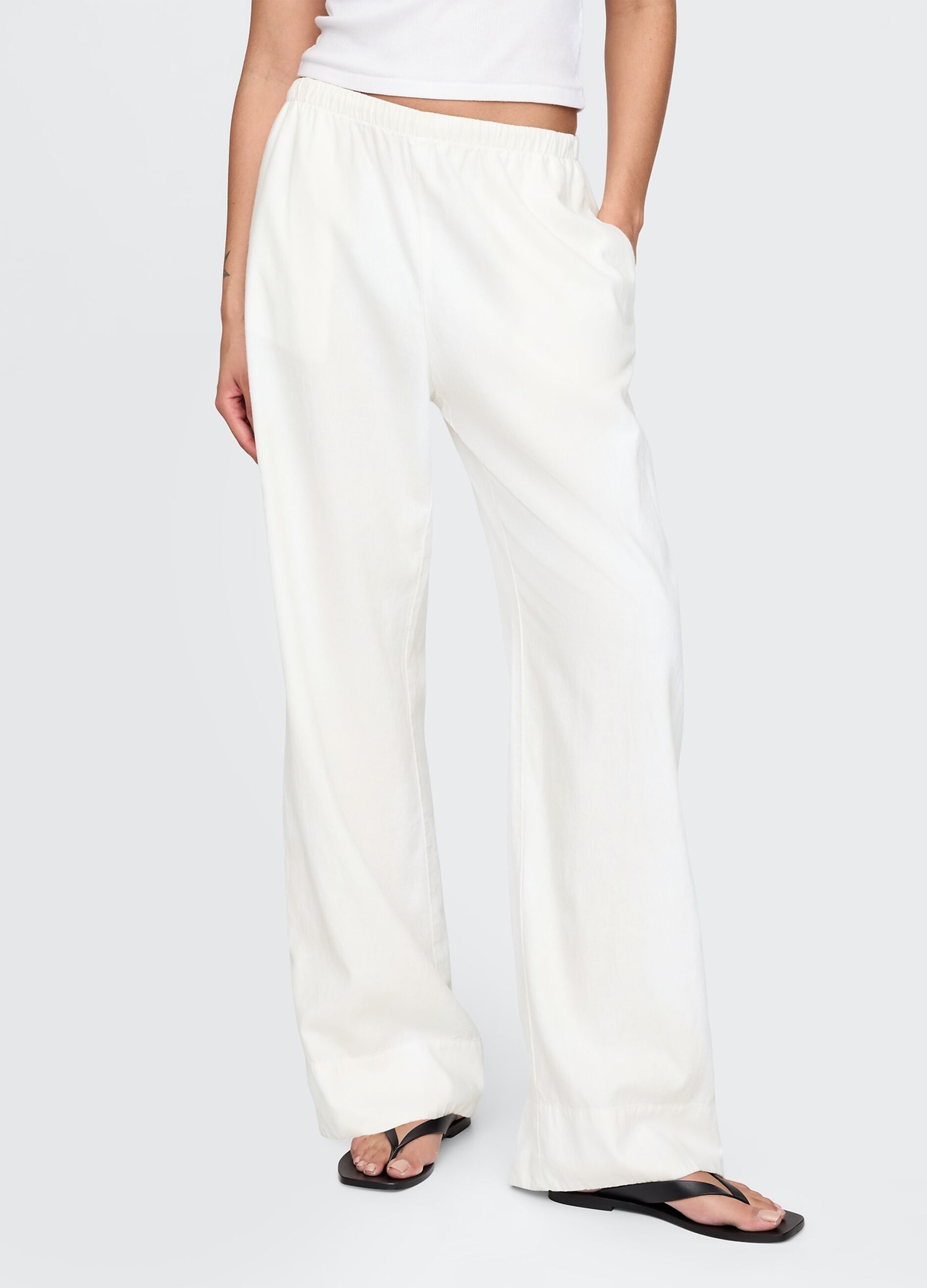 Pantaloni ampi bianchi in lino e viscosa_1
