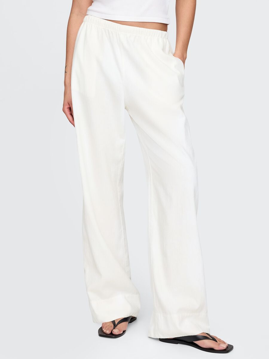 Pantaloni ampi bianchi in lino e viscosa Donna_1