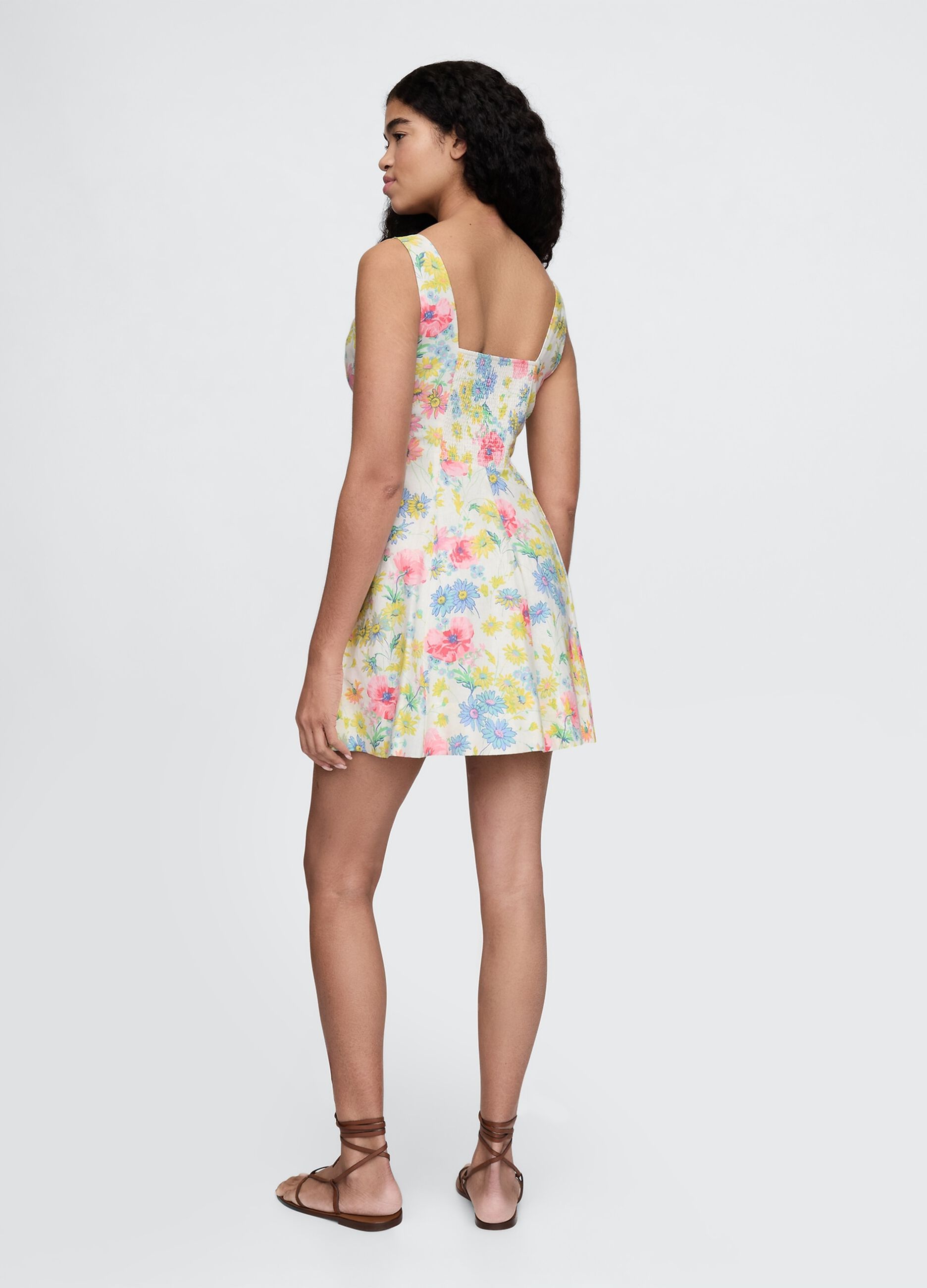 Vestito corto a fiori multicolor in lino e viscosa_2