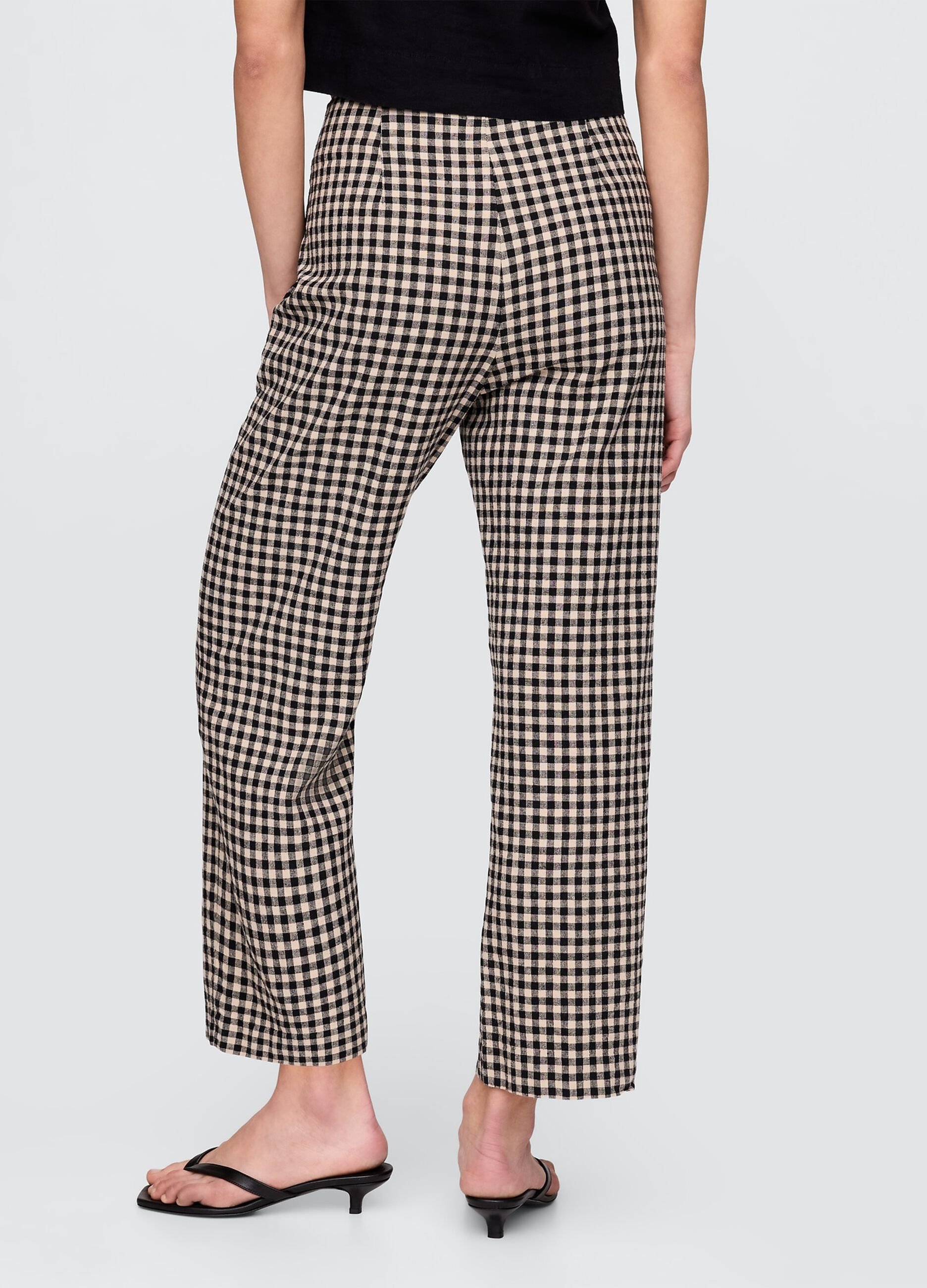 Pantaloni a quadri marrone e nero in lino e viscosa_2