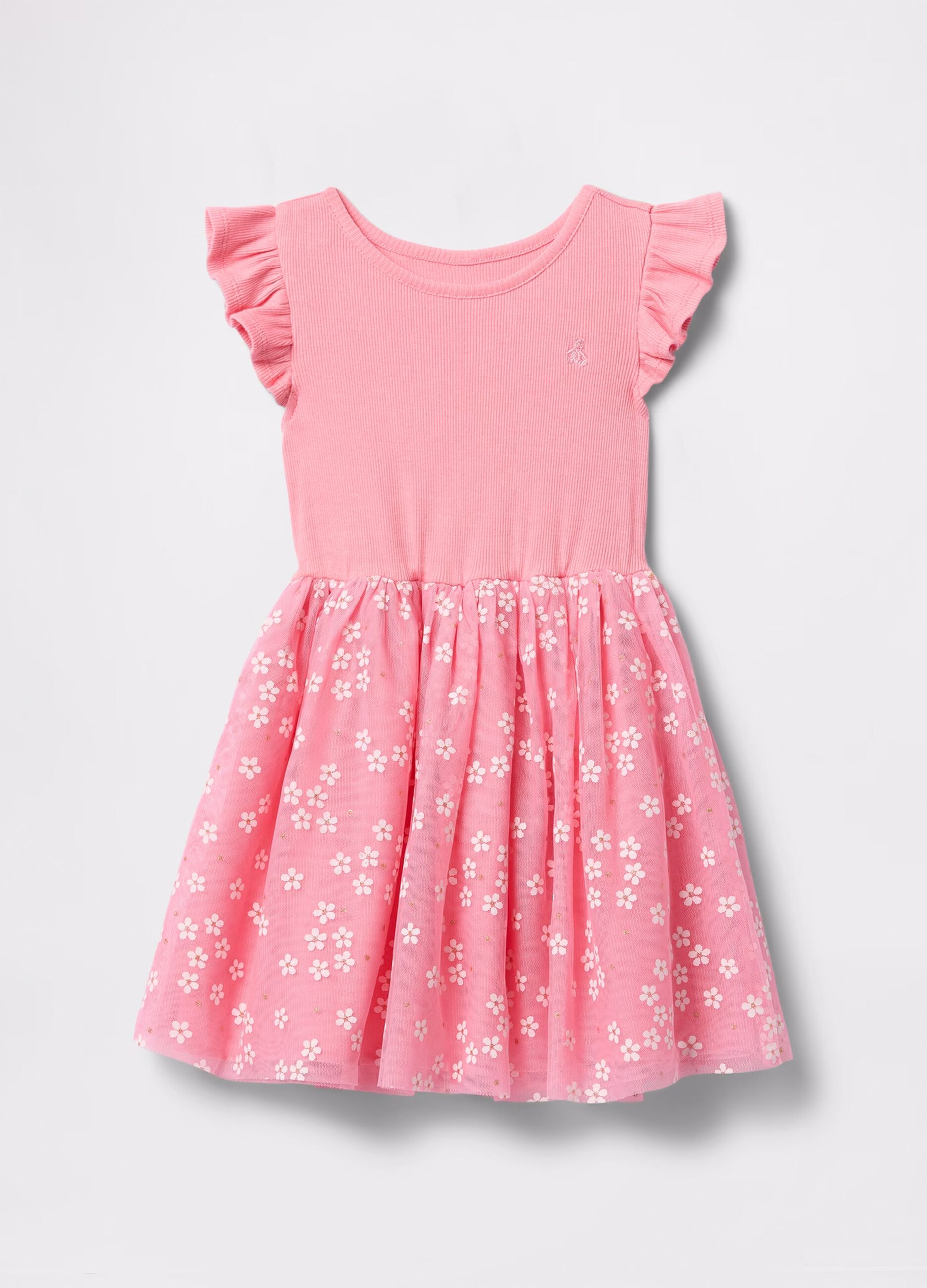 Abito rosa con gonna in tulle floreale_1