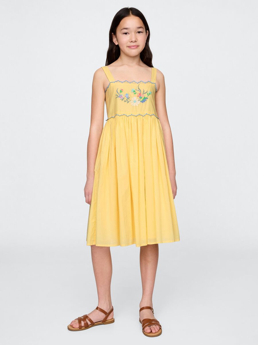 Yellow summer dress with floral embroidery in cotton Girl_0
