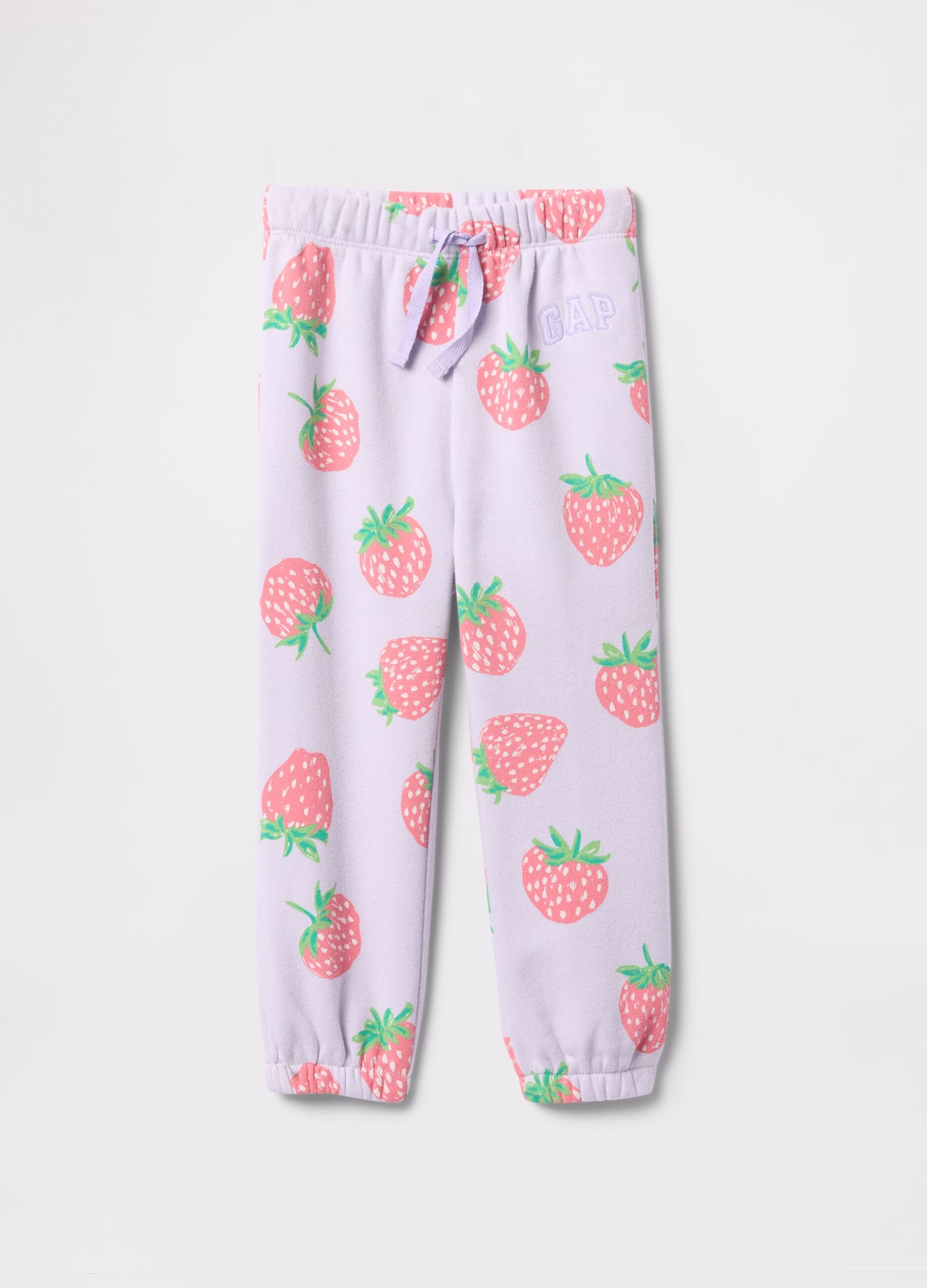 Joggers viola con coulisse e stampa fragole 