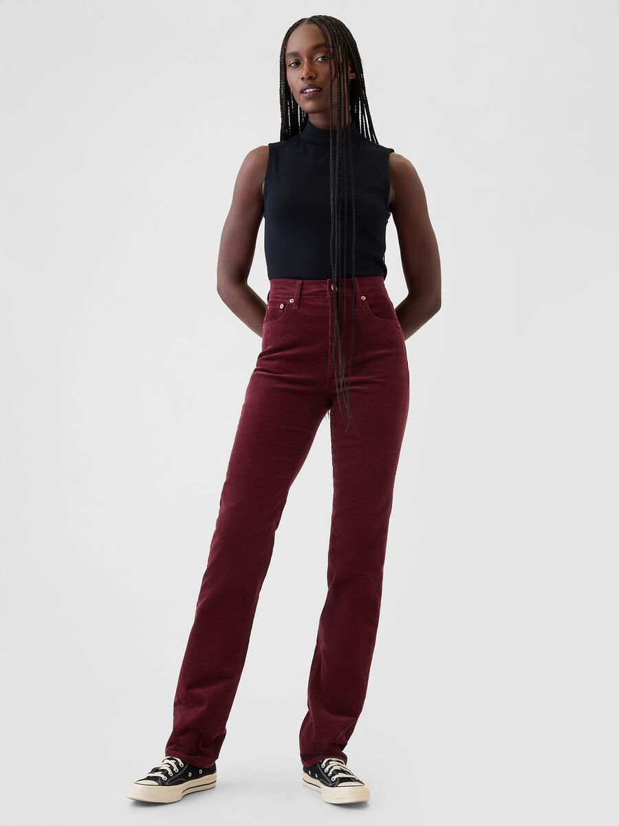 Pantalone straight a vita alta in corduroy Donna_0