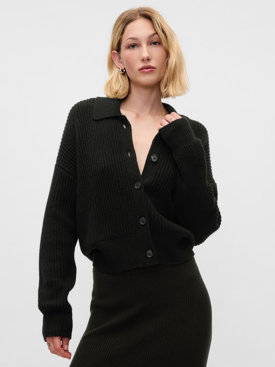 Oversized ribbed cardigan with collar Woman_0