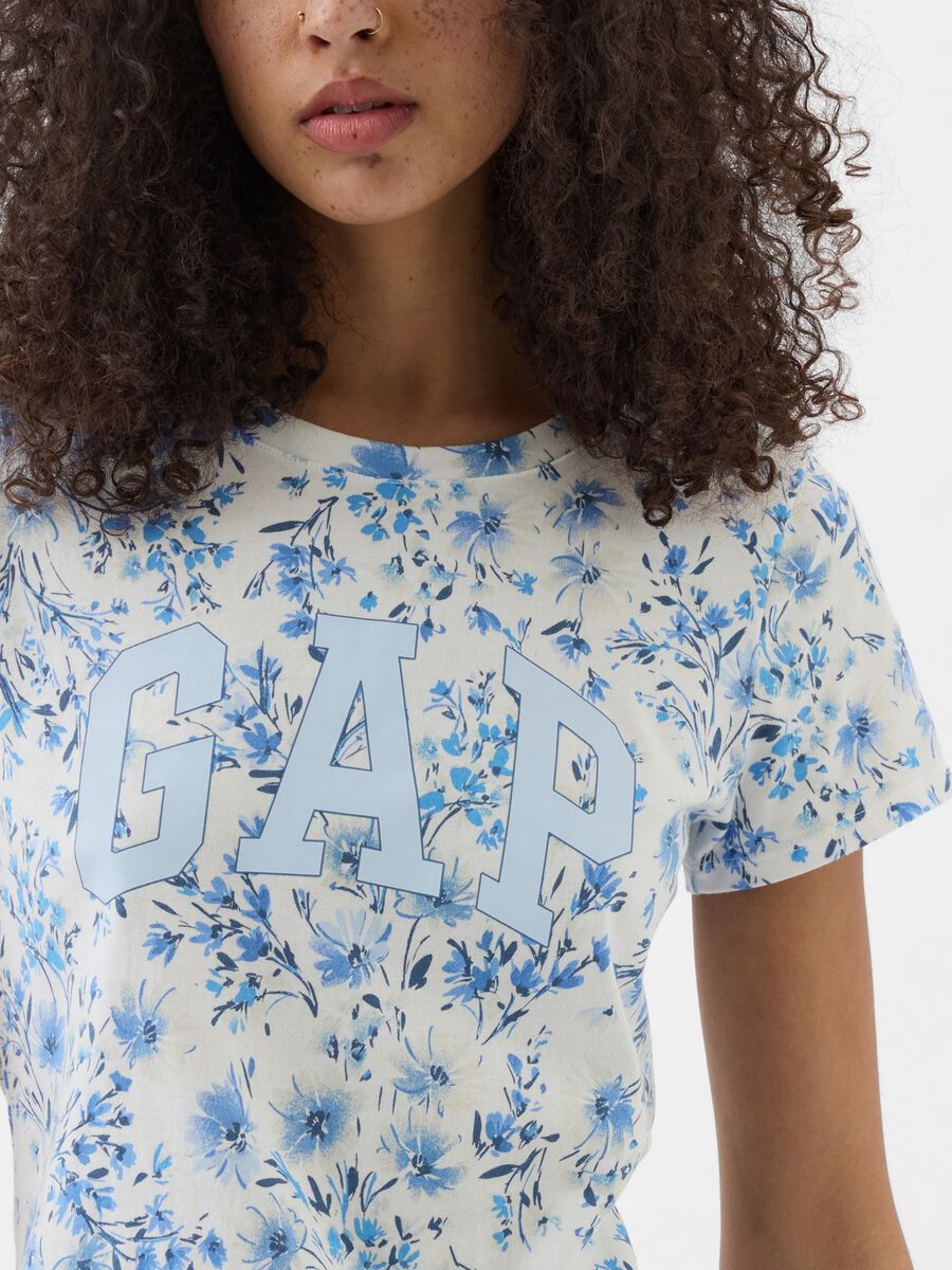 T-shirt floreale con stampa logo Donna_1