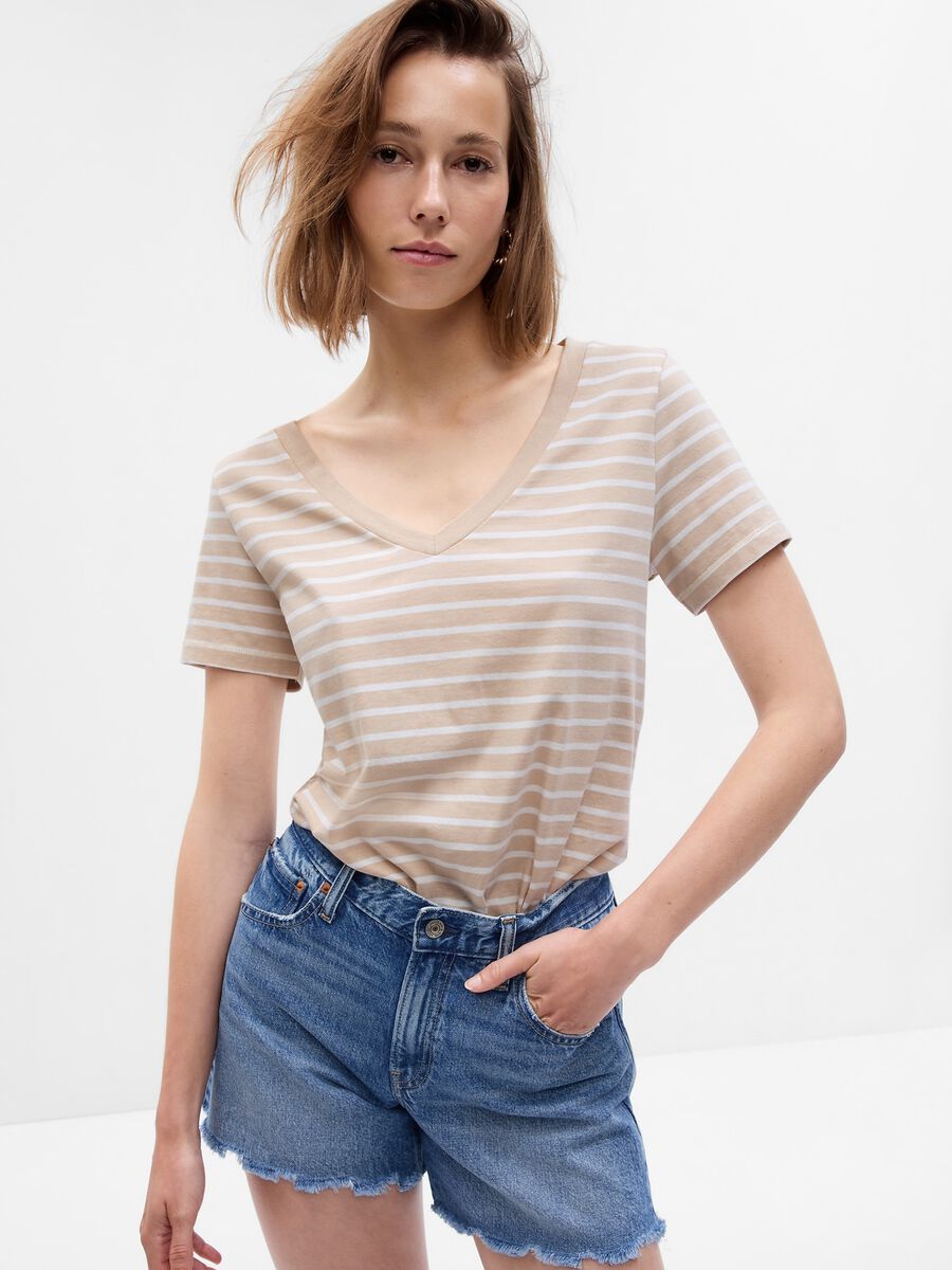 Organic cotton T-shirt with stripes and V neck Woman_0