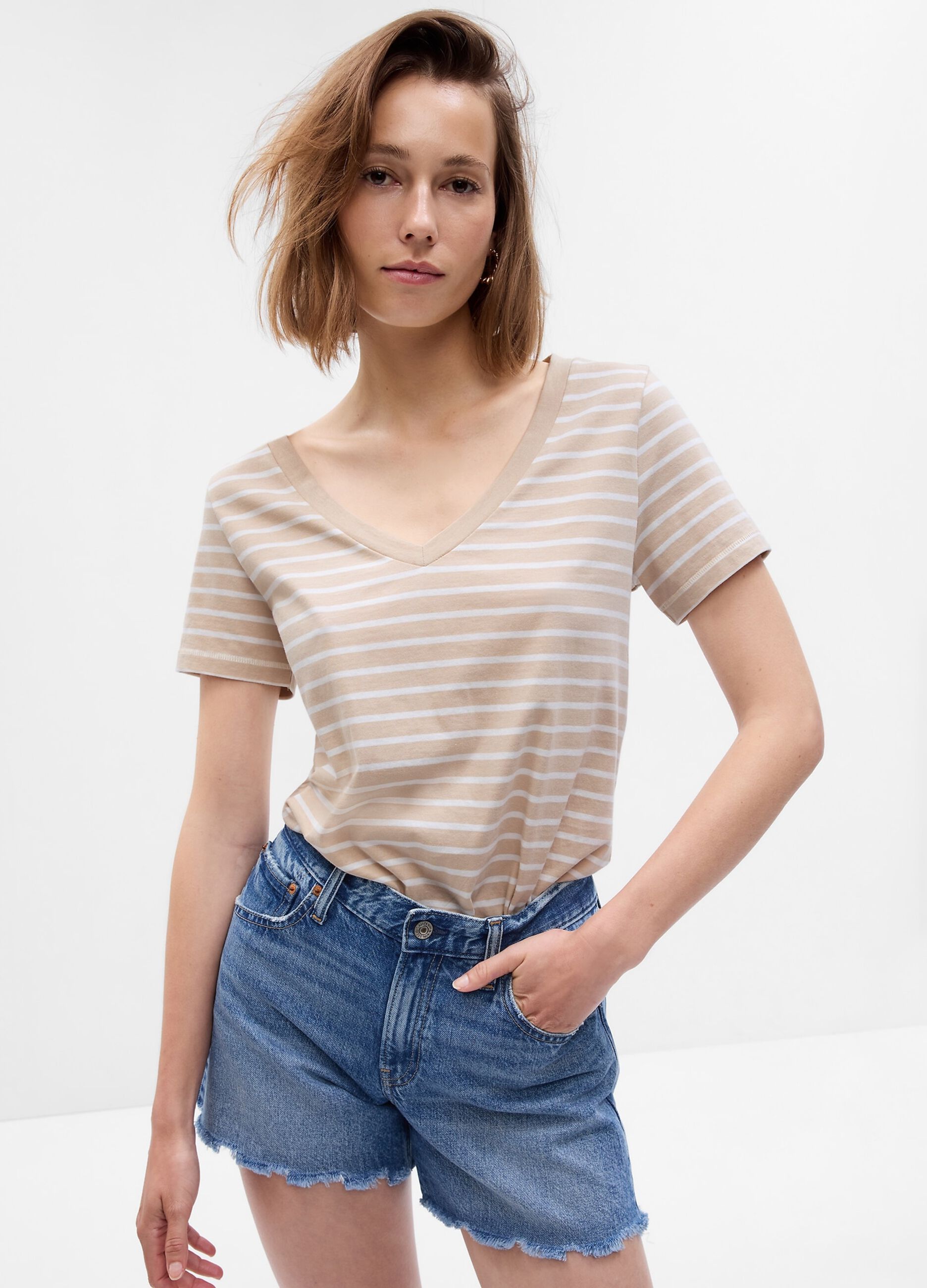 Organic cotton T-shirt with stripes and V neck