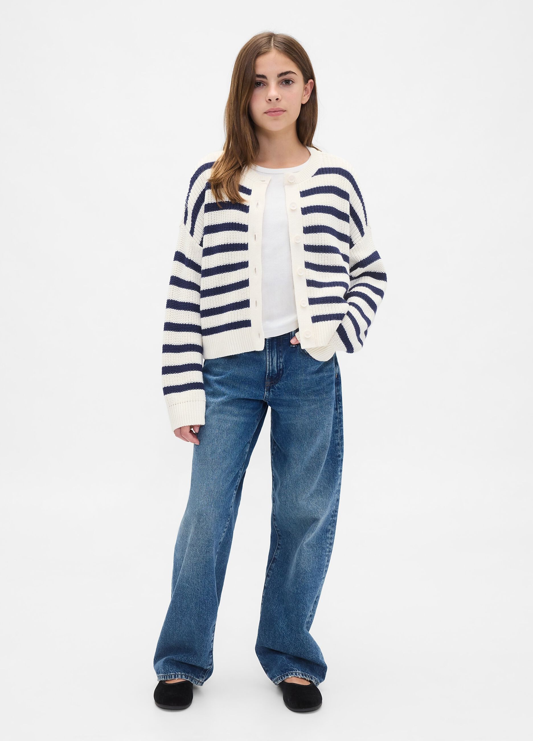 Cardigan bianco e blu a righe in cotone_2