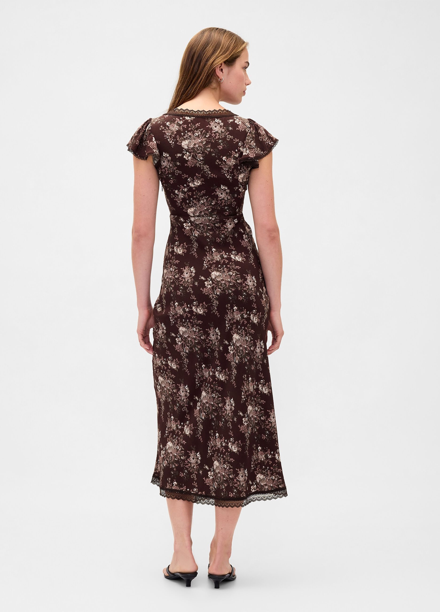 Brown pure viscose dress with floral print