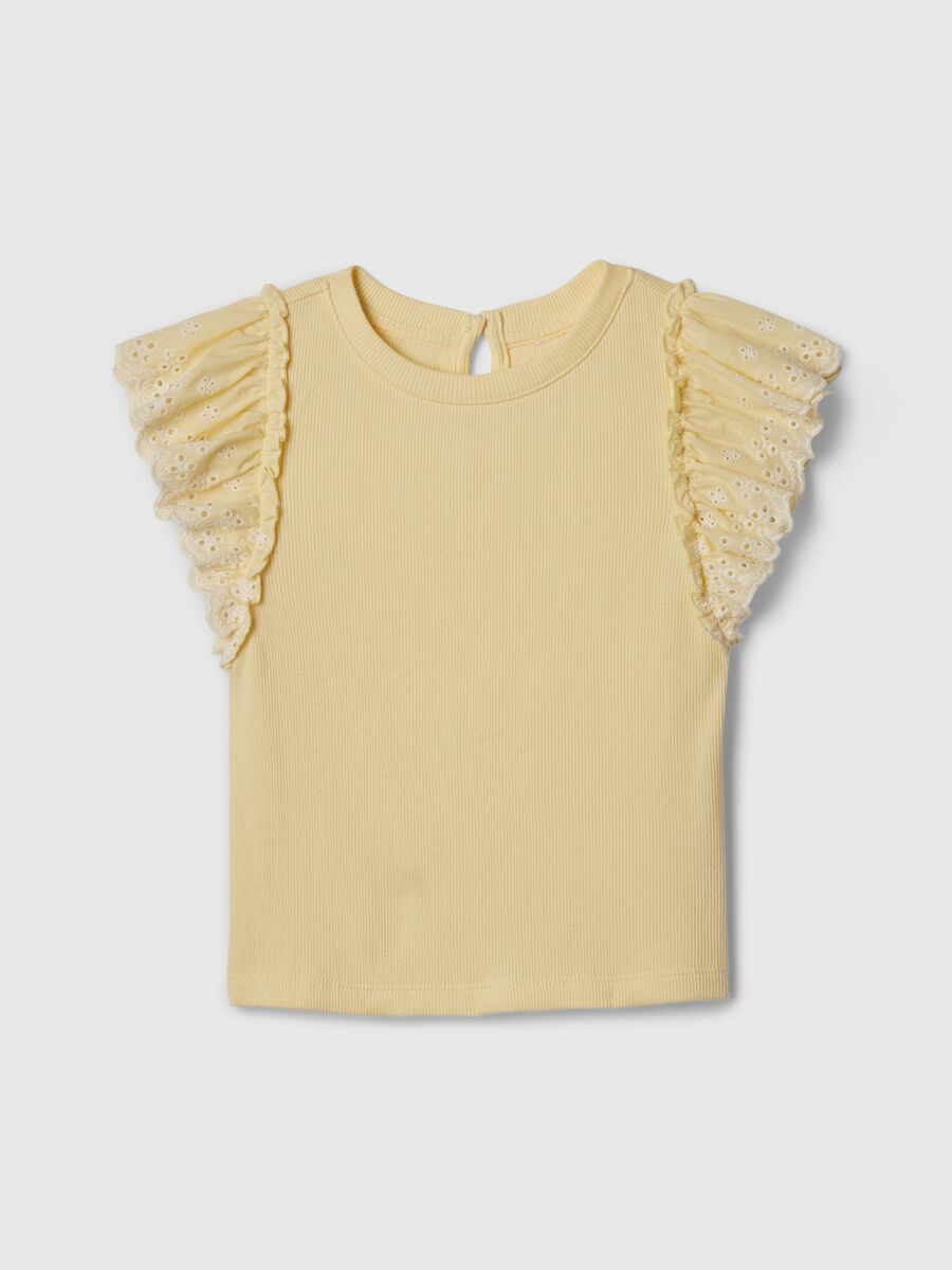 Ribbed T-shirt with flounce in broderie anglaise Girl_0