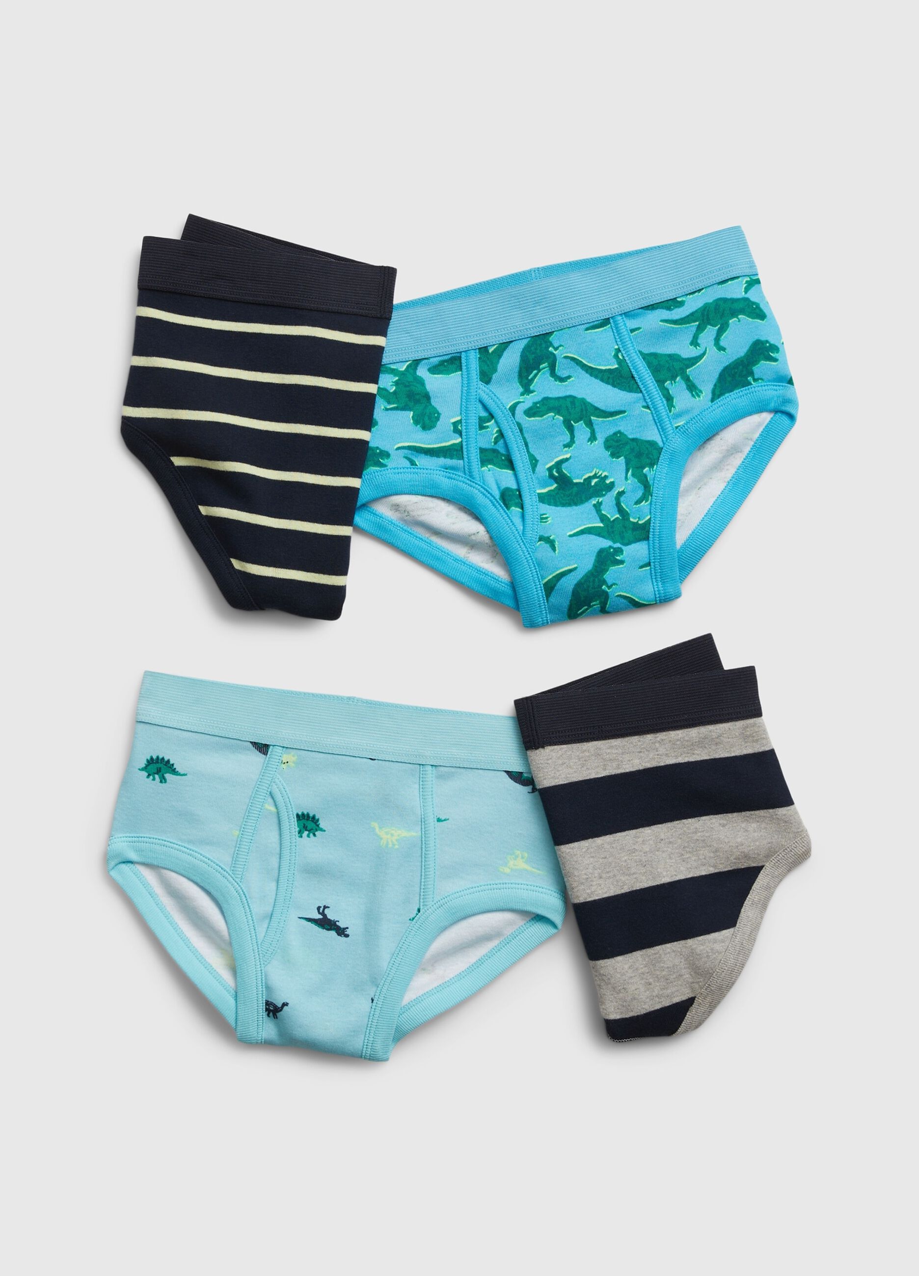 Four-pack briefs with stripes and dinosaurs print