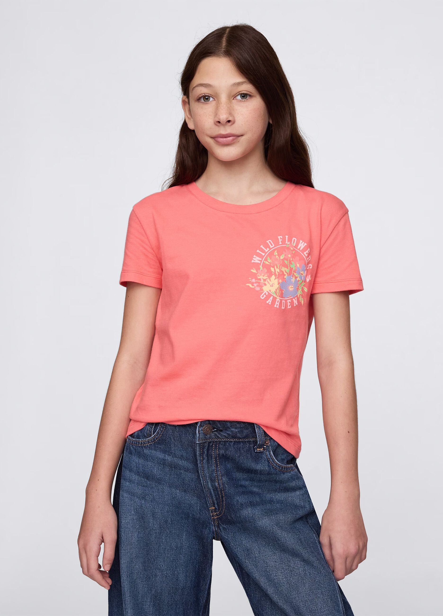T-shirt rosa in cotone con stampa fiori