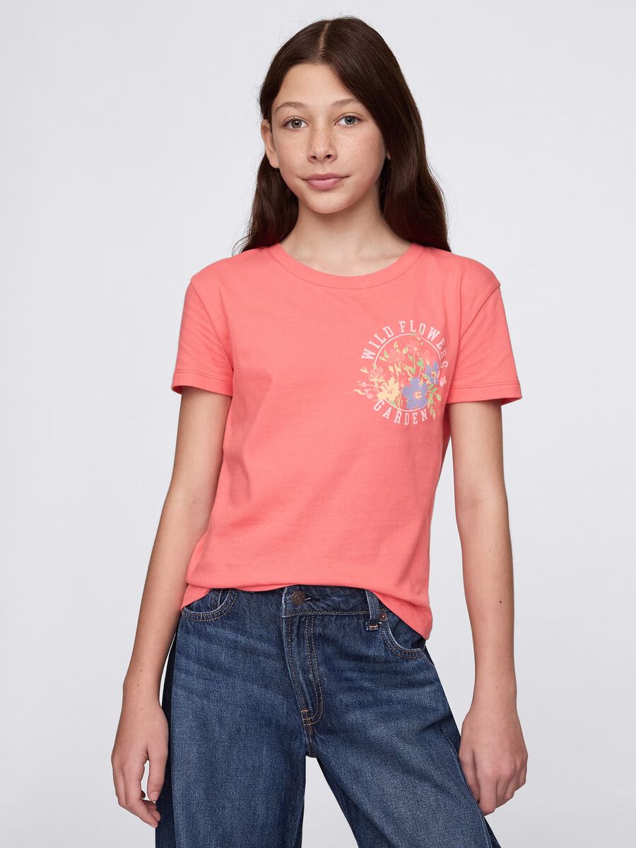 T-shirt rosa in cotone con stampa fiori Bambina_0