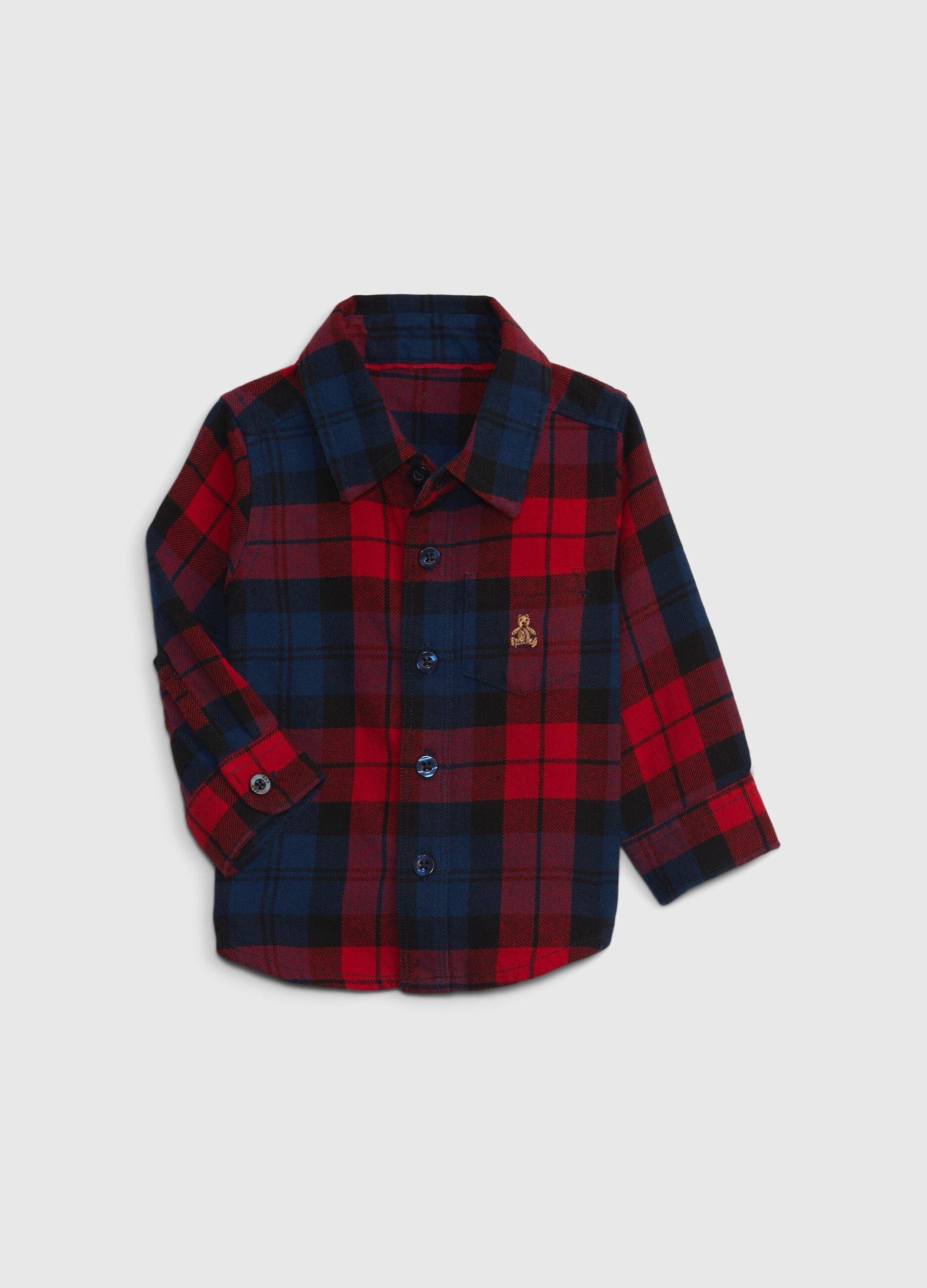 Tartan flannel shirt with embroidered bear