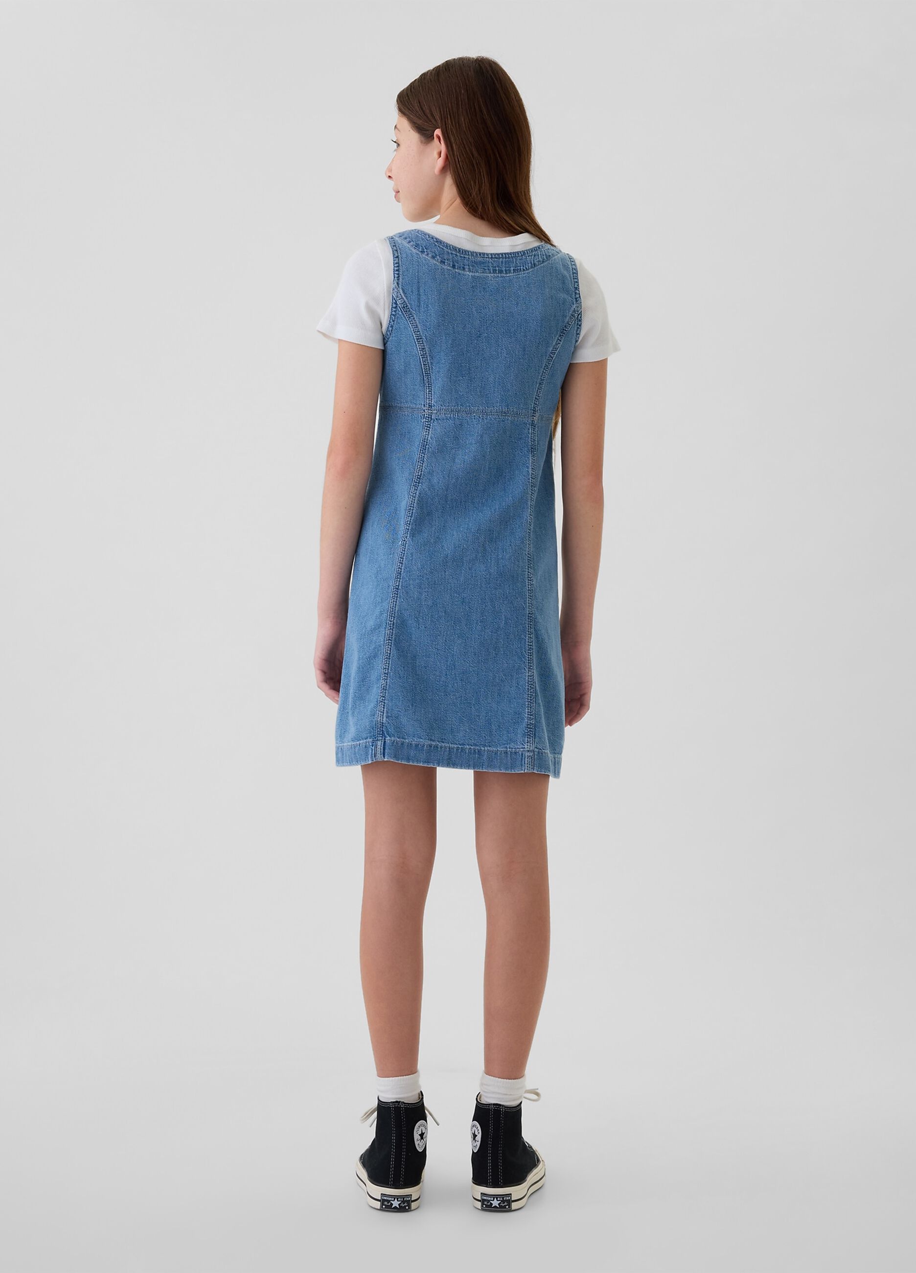 Vestito corto smanicato in denim con bottoni_1