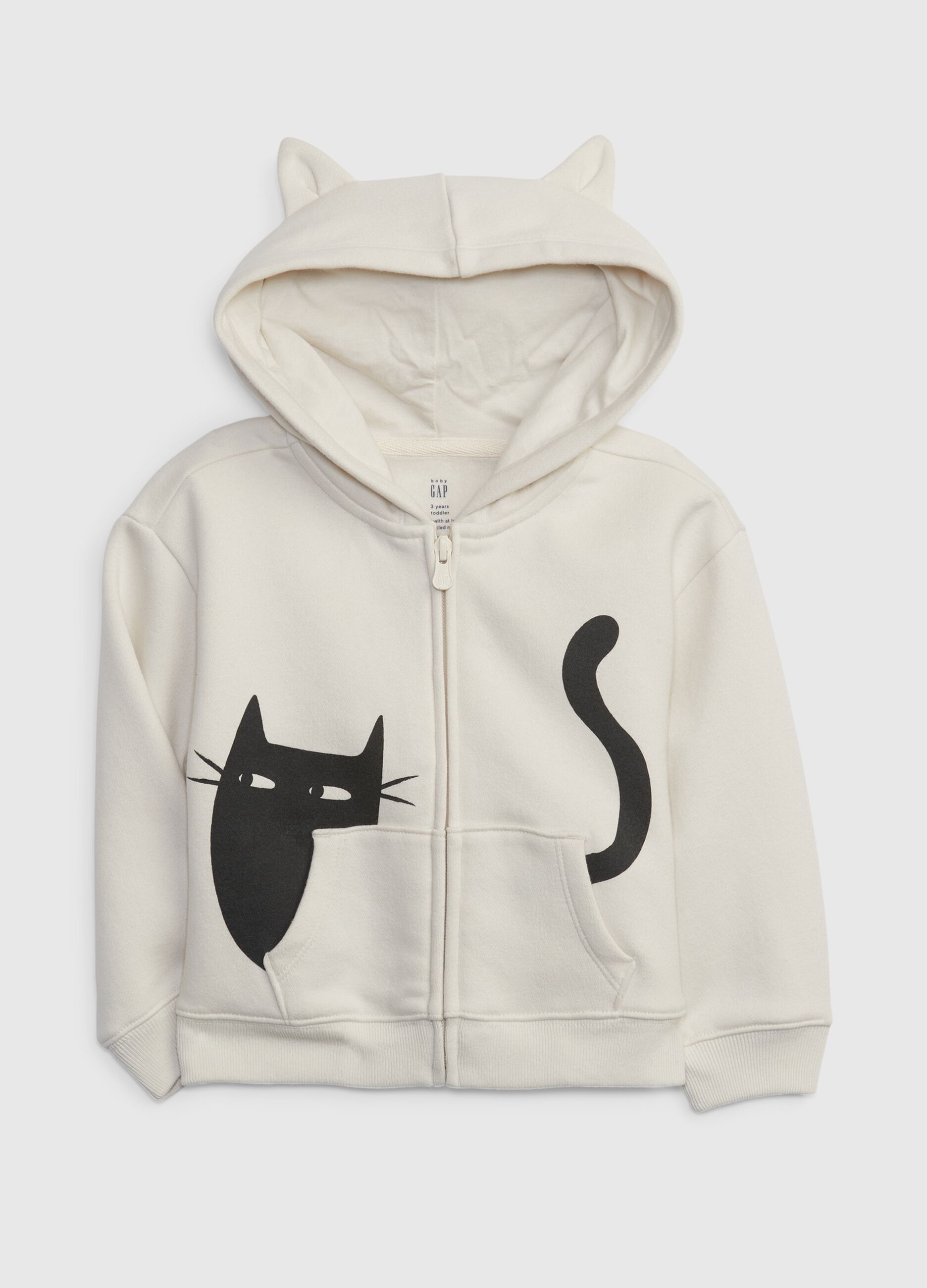 Full-zip sweatshirt with hood and cat print