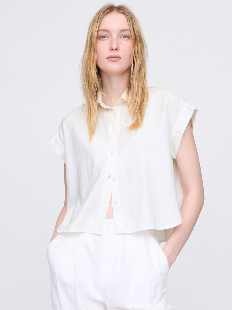 Camicia senza maniche bianca in lino e viscosa Donna_0