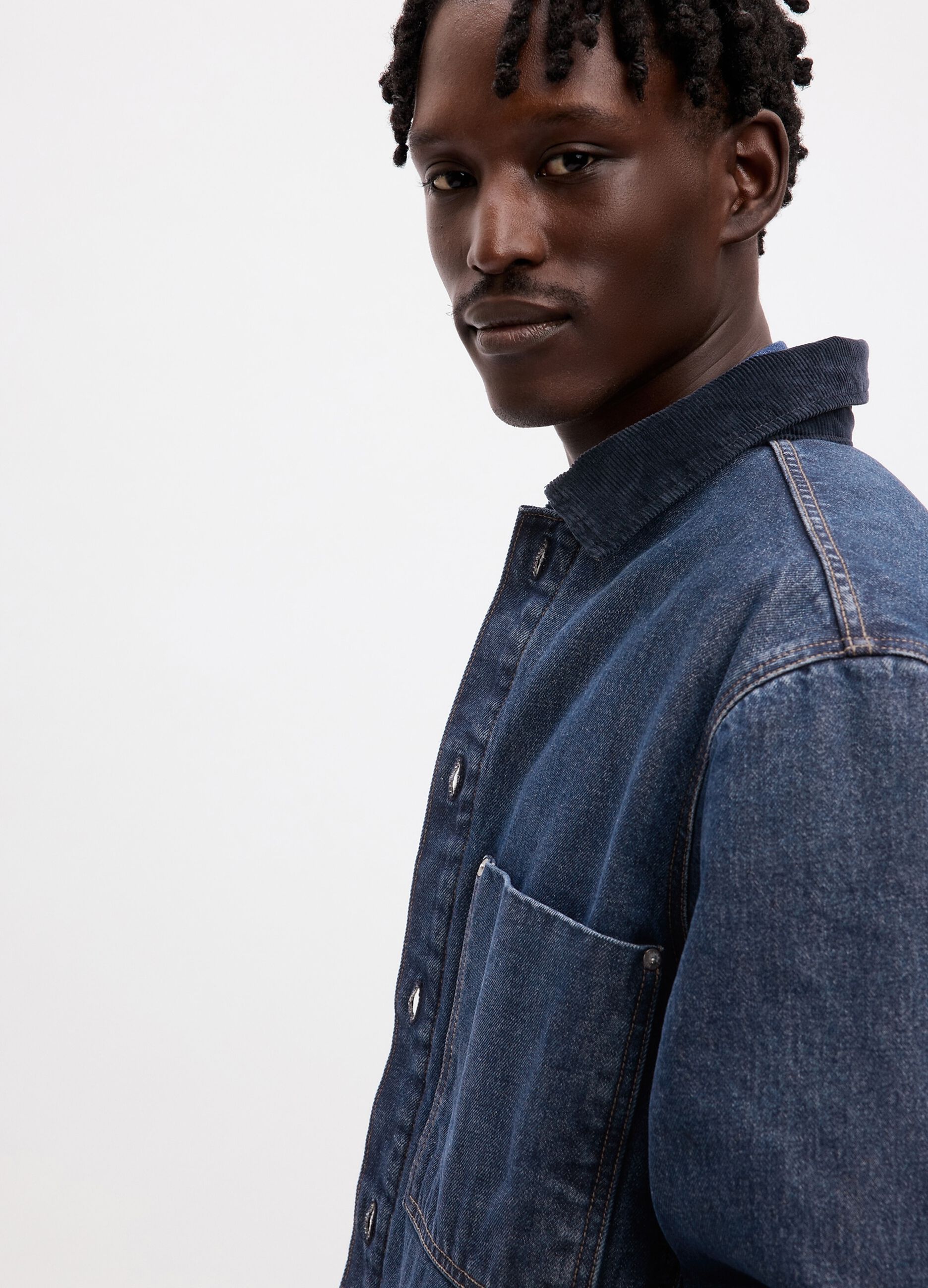Giacca corta in denim con colletto in corduroy_3