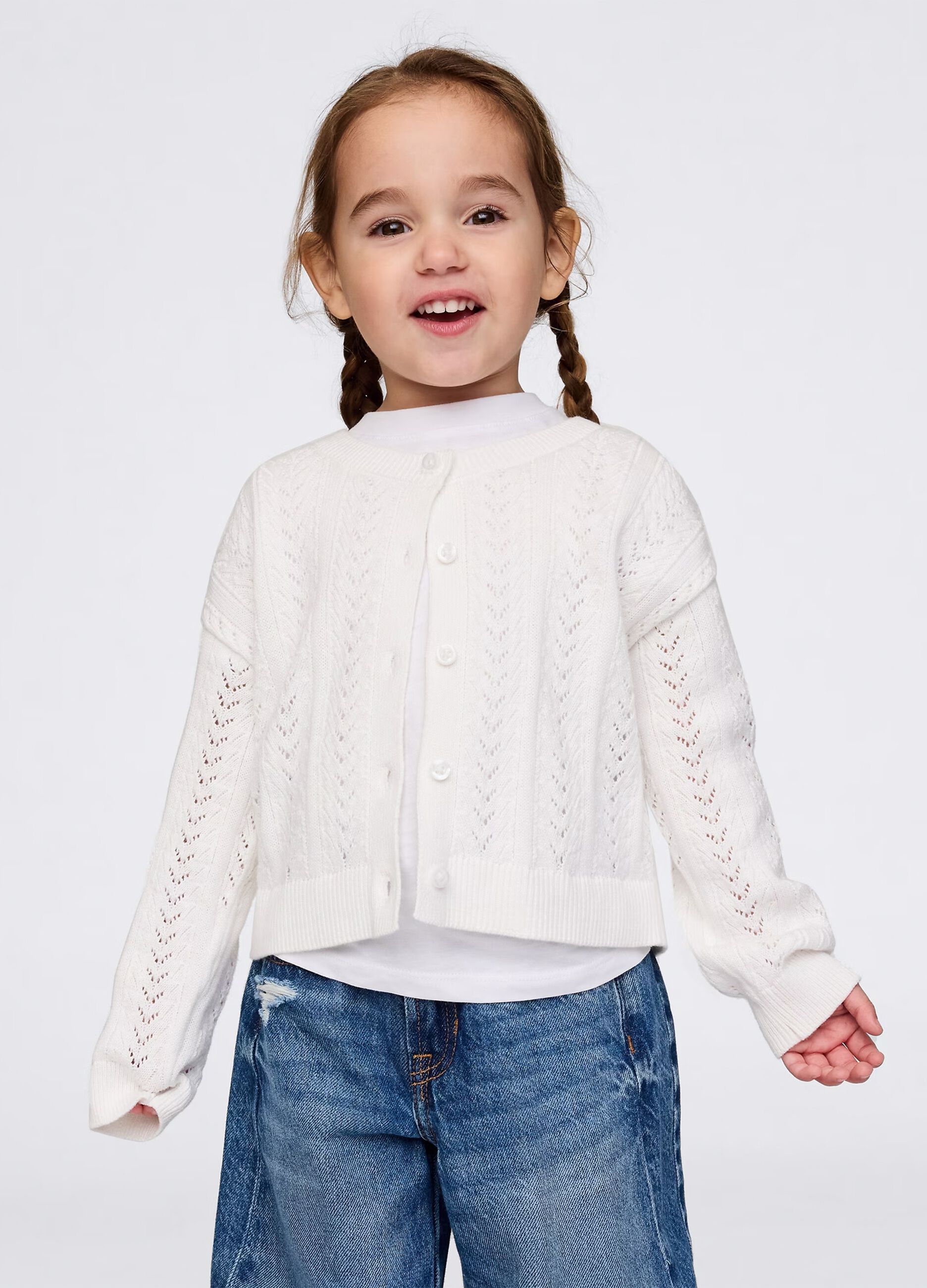 Cardigan bianco in cotone con motivo pointelle