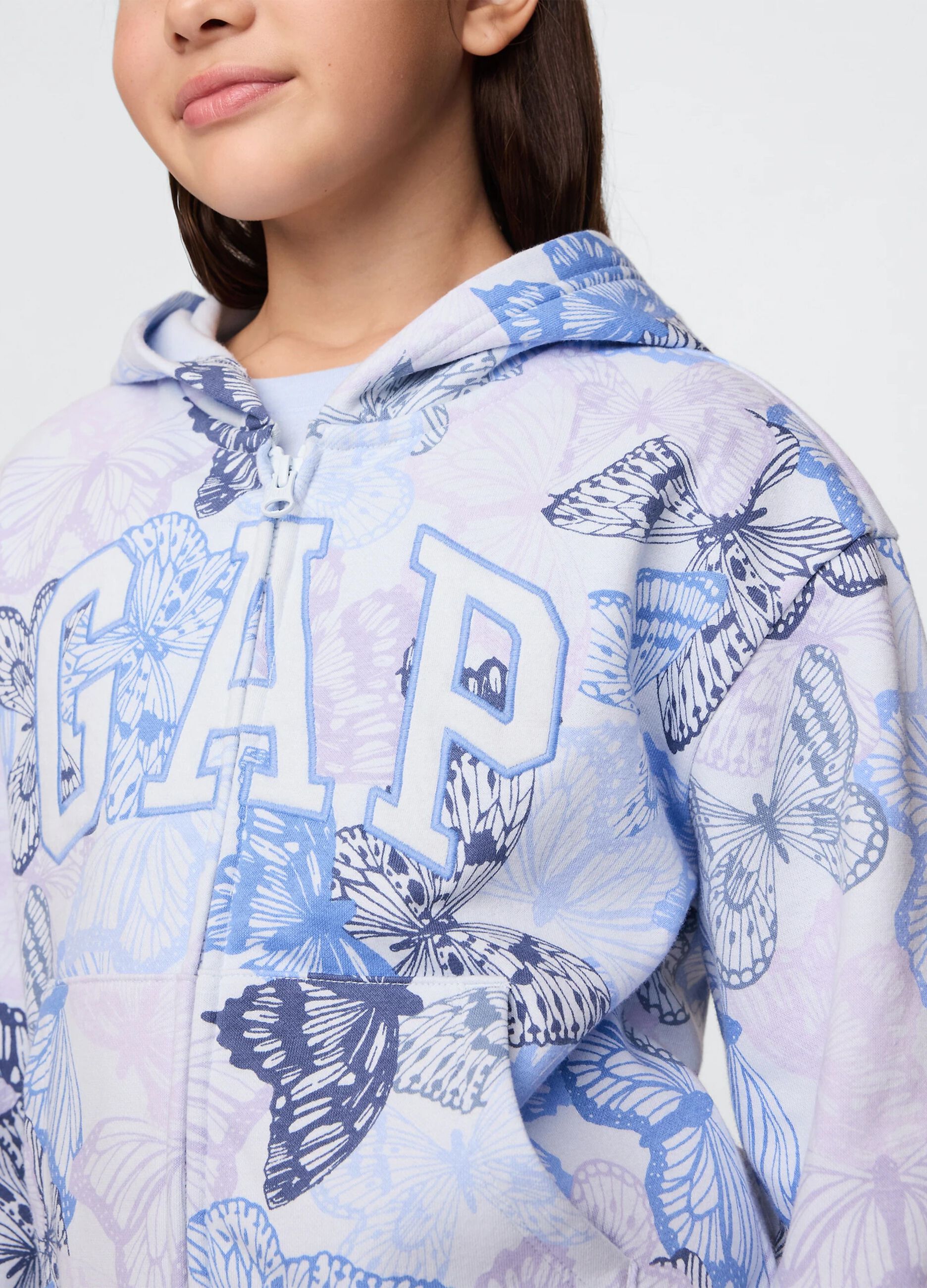 Full-zip azzurra e viola con cappuccio stampa farfalle e ricamo logo_3