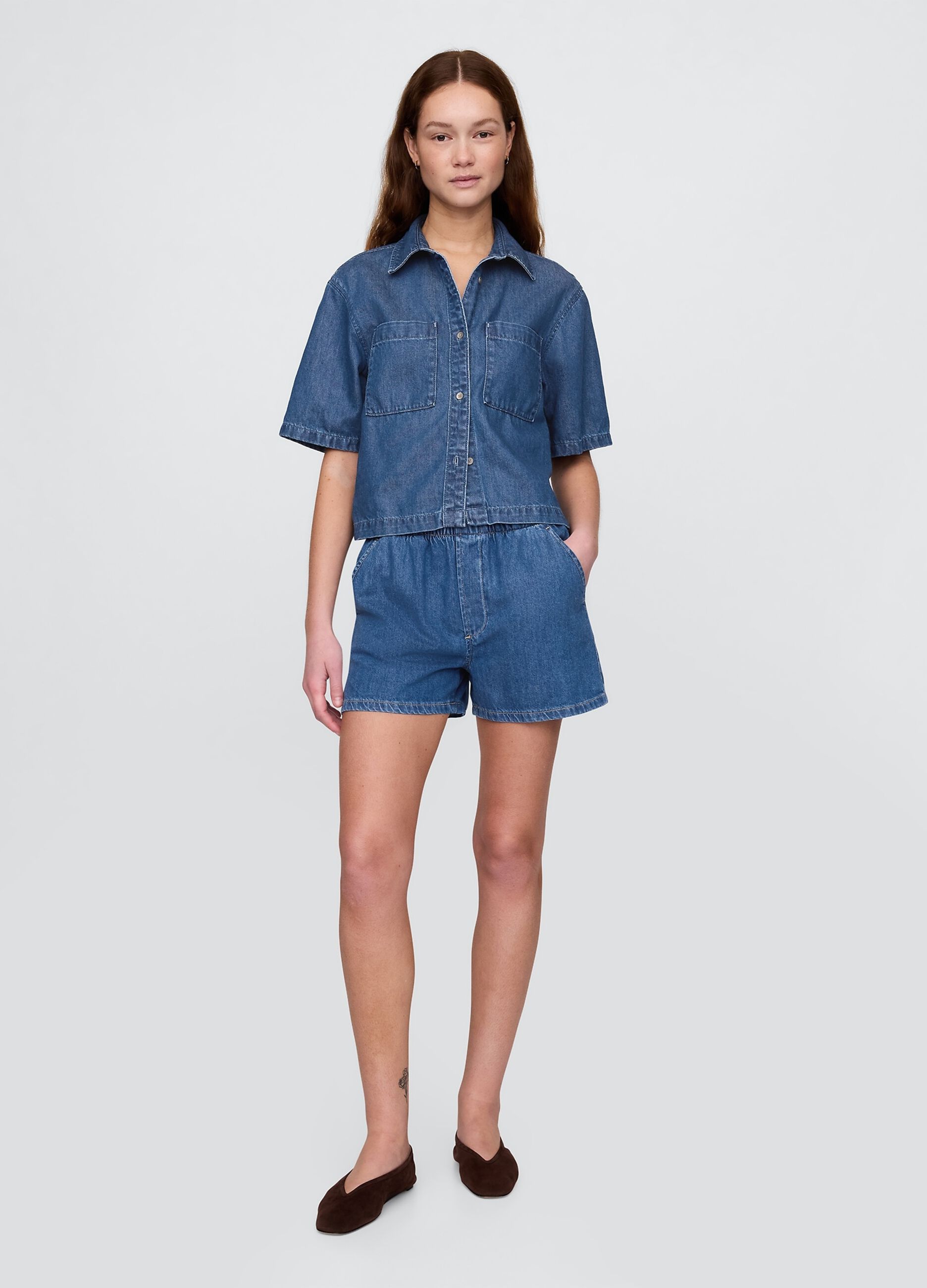 Shorts in denim con elastico in vita_4