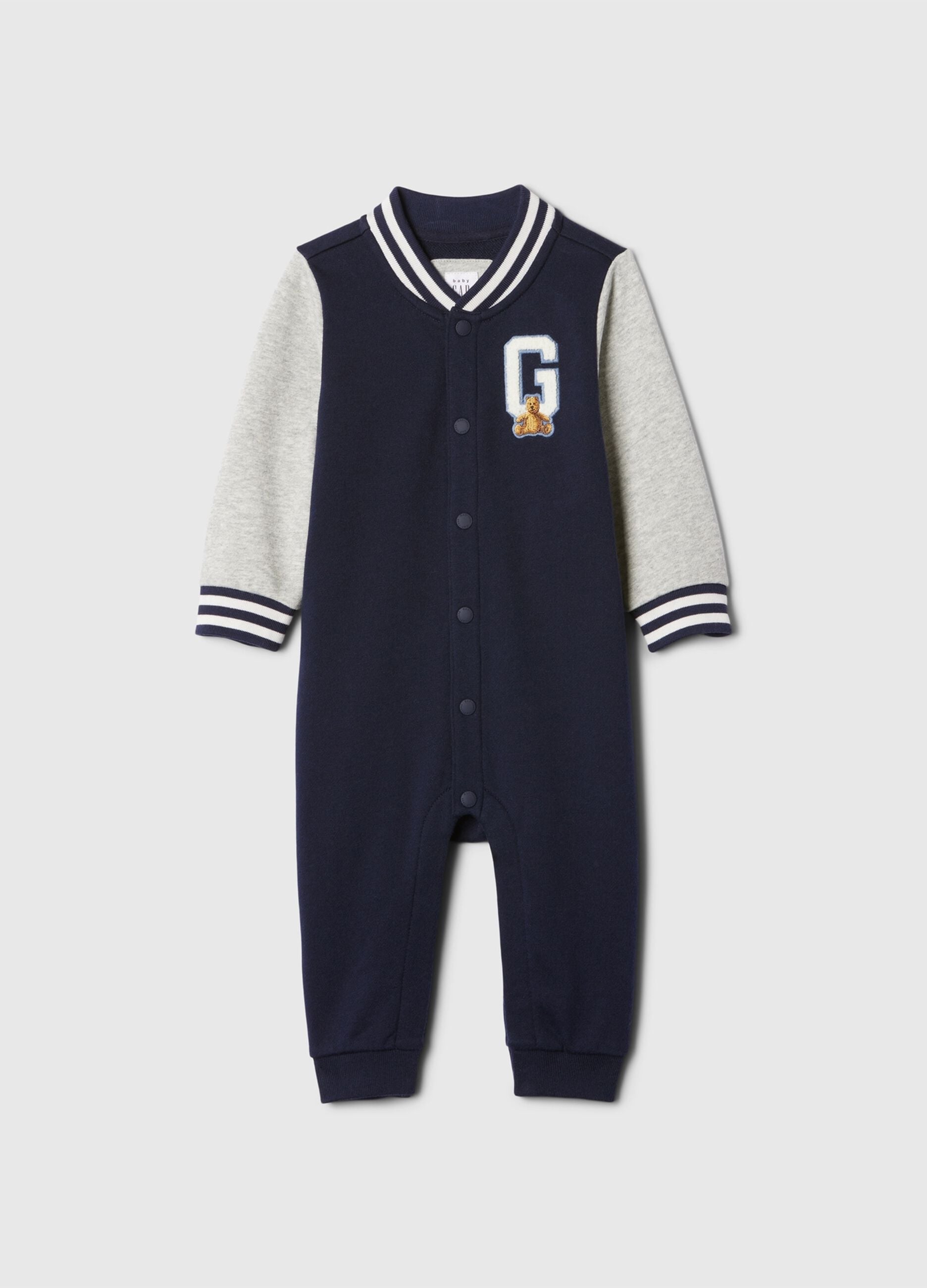 Tutina varsity con ricamo orsetto e lettering